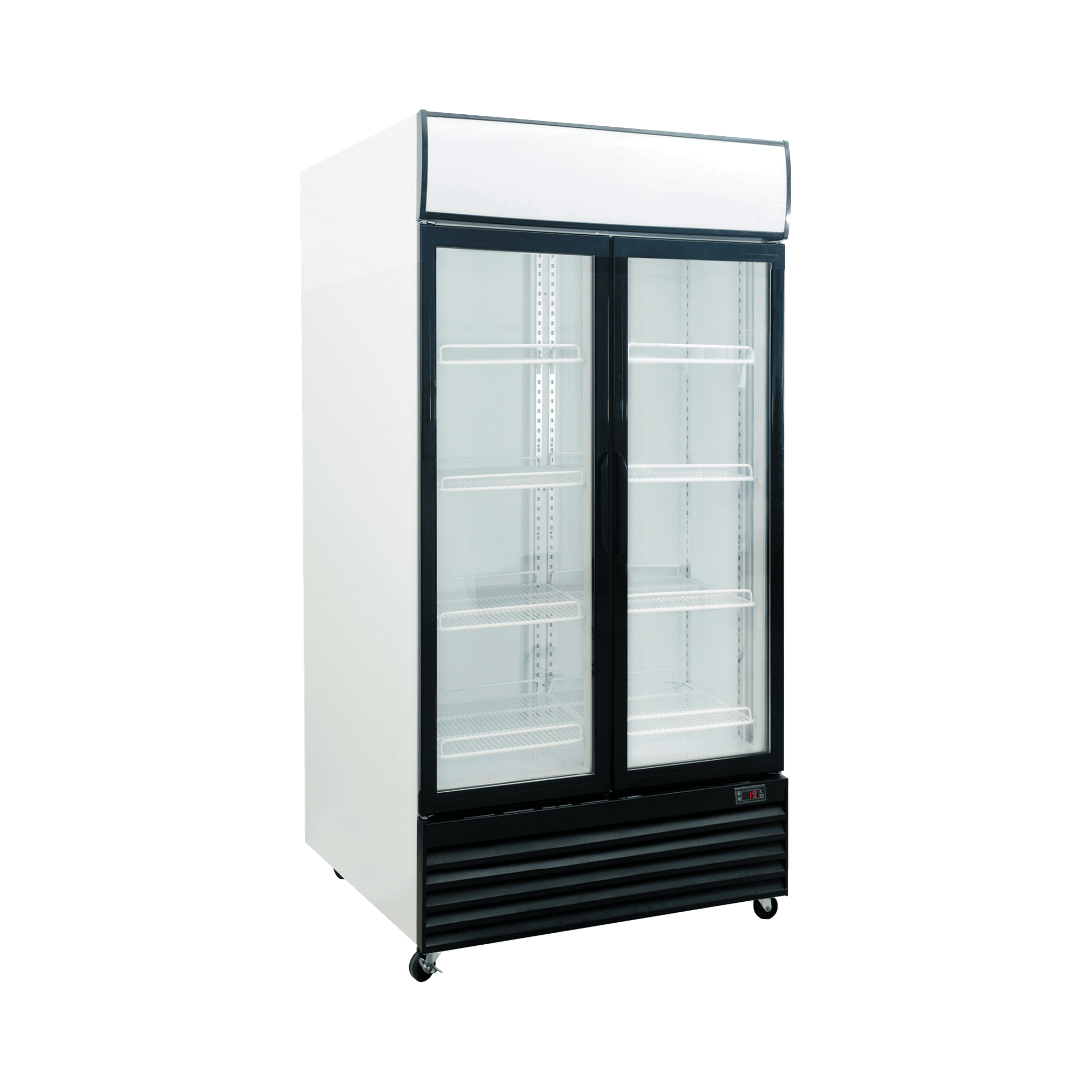 White upright display refrigerator with one glass door, black base, and adjustable shelves.