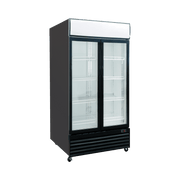 Black upright display refrigerator with two glass doors, white interior, and adjustable shelves.