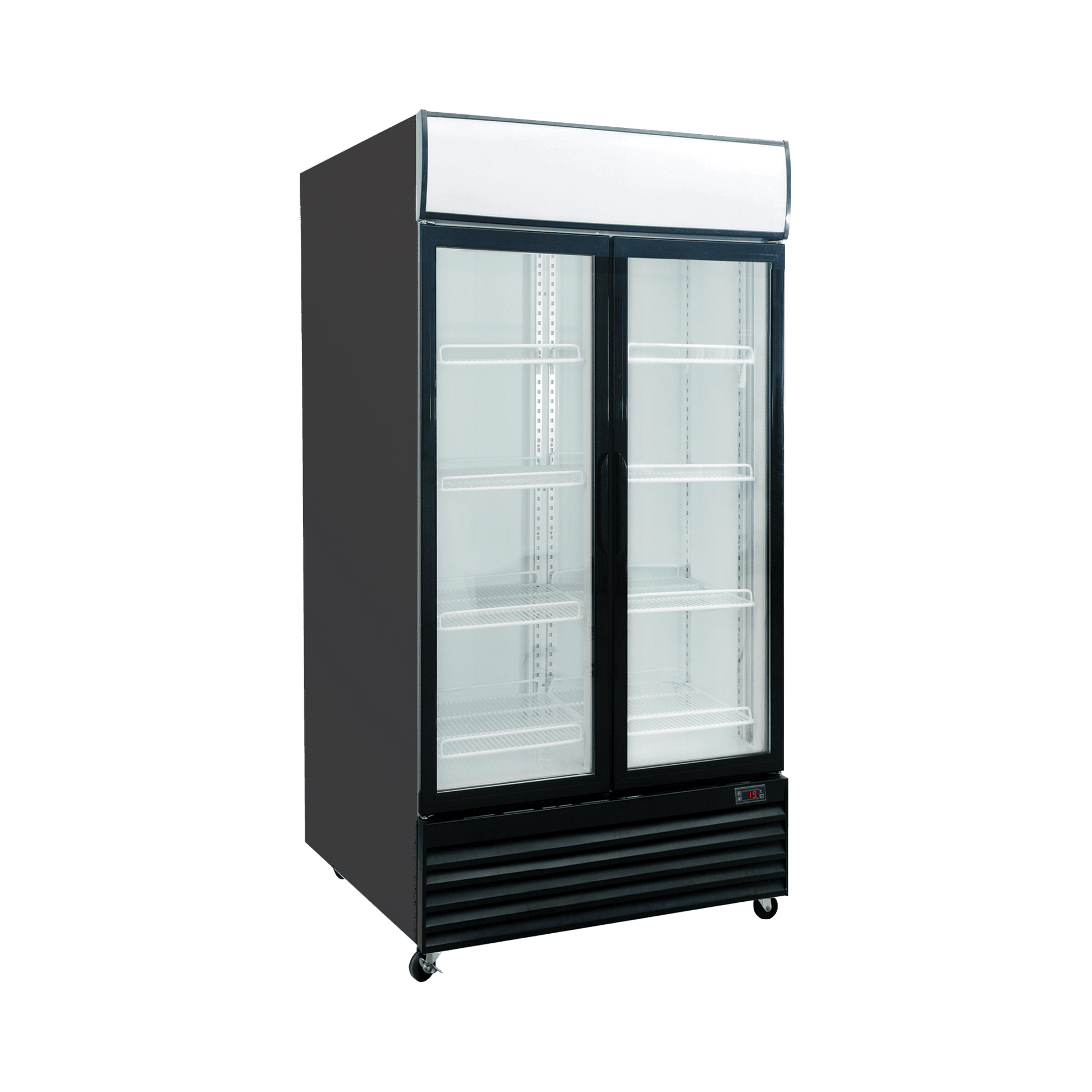 Black upright display refrigerator with two glass doors, white interior, and adjustable shelves.
