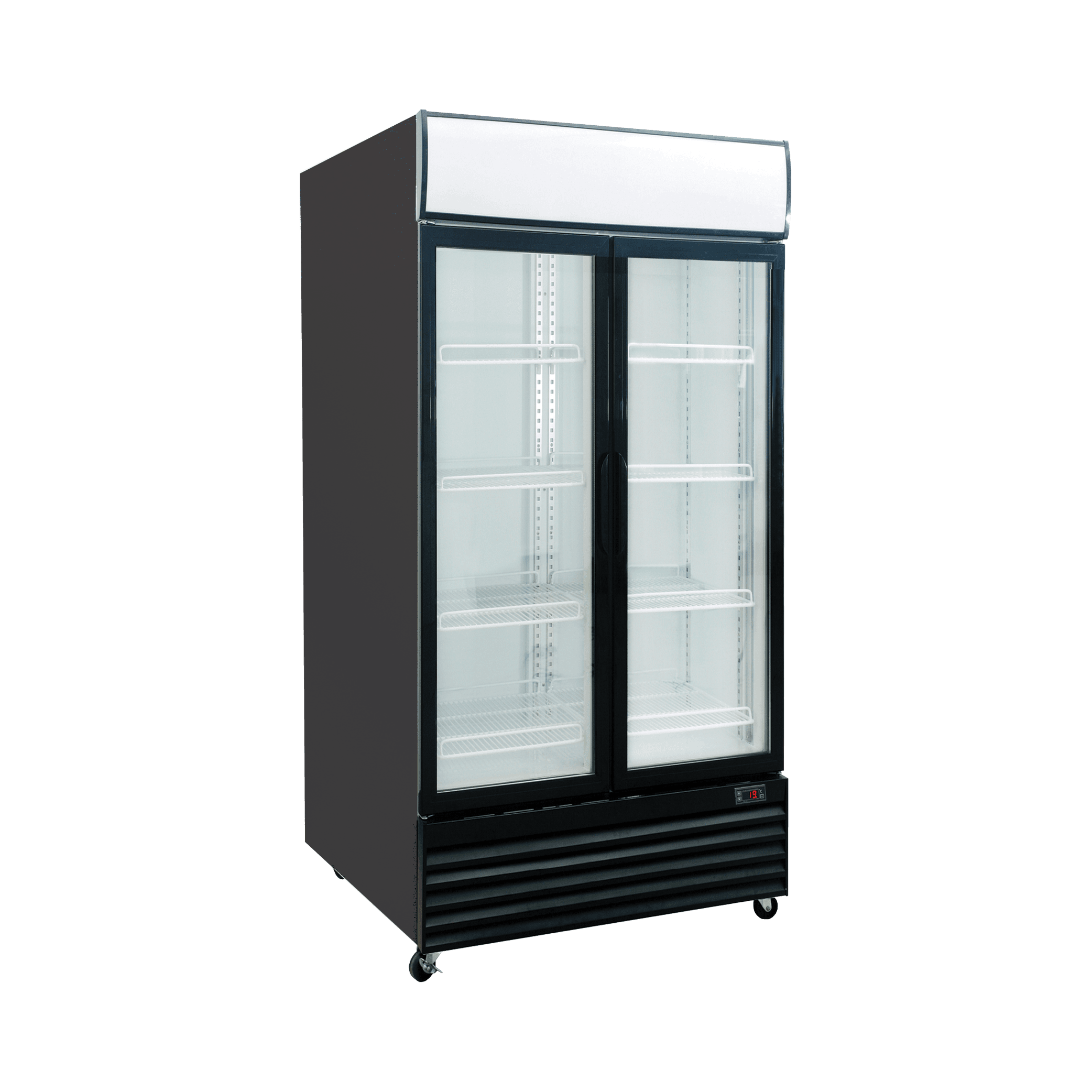 Black upright display refrigerator with two glass doors, white interior, and adjustable shelves.