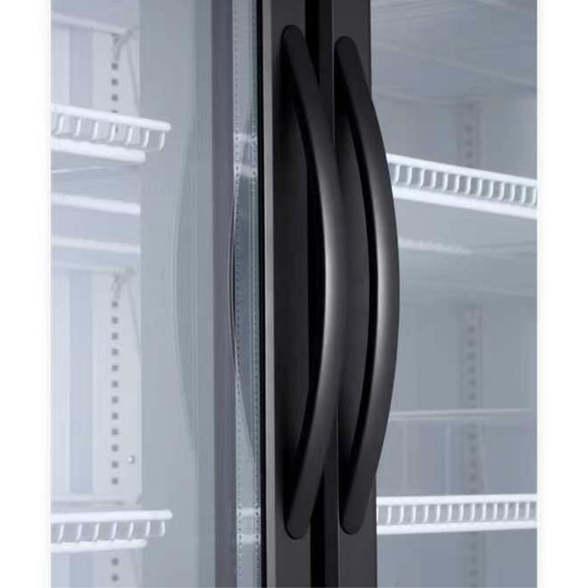White upright display refrigerator with clear glass door and black vertical handles.