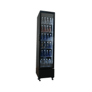 Slim black upright display fridge with single glass door and multiple shelves holding assorted bottled beverages.