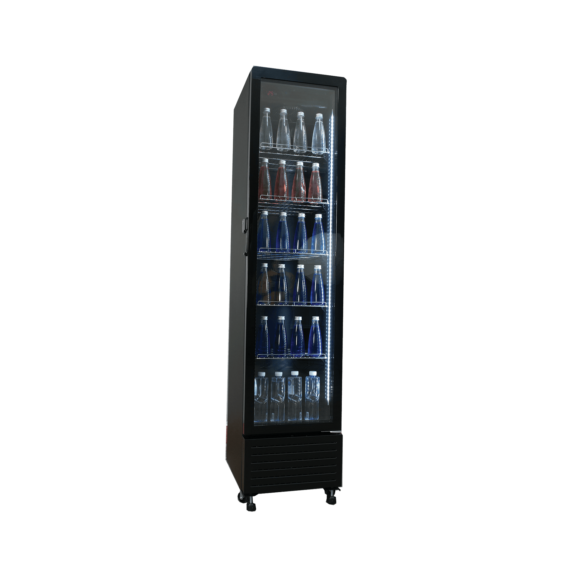 Slim black upright display fridge with single glass door and multiple shelves holding assorted bottled beverages.