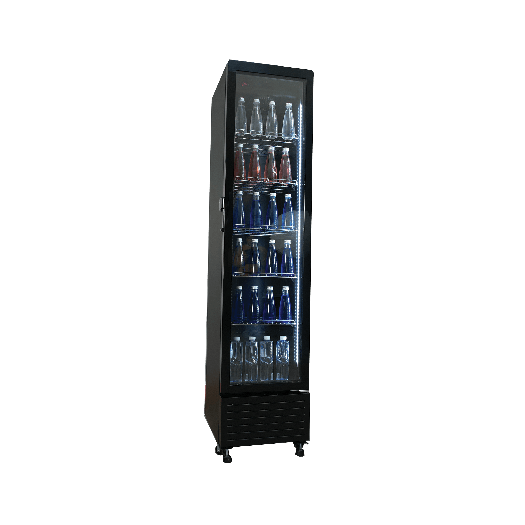 Slim black upright display fridge with single glass door and multiple shelves holding assorted bottled beverages.