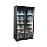 Black upright display refrigerator with two glass doors and multiple shelves stocked with assorted bottled beverages.