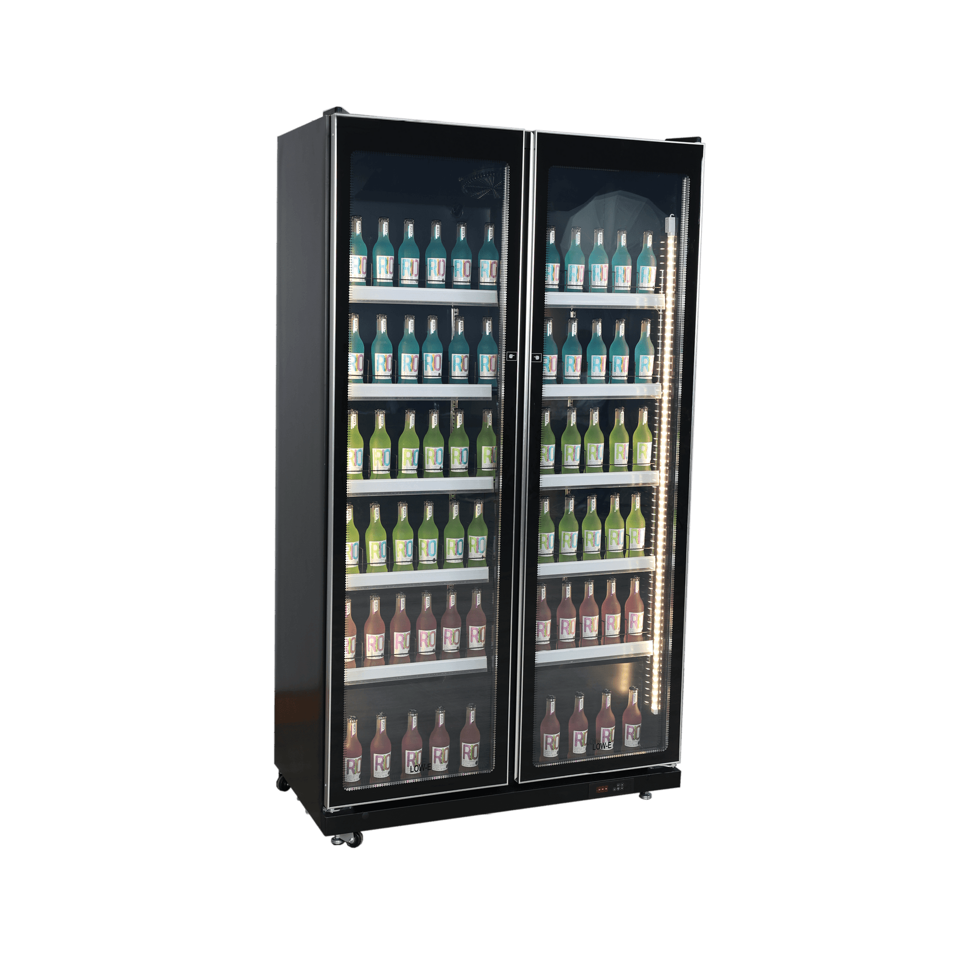 Black upright display refrigerator with two glass doors and multiple shelves stocked with assorted bottled beverages.