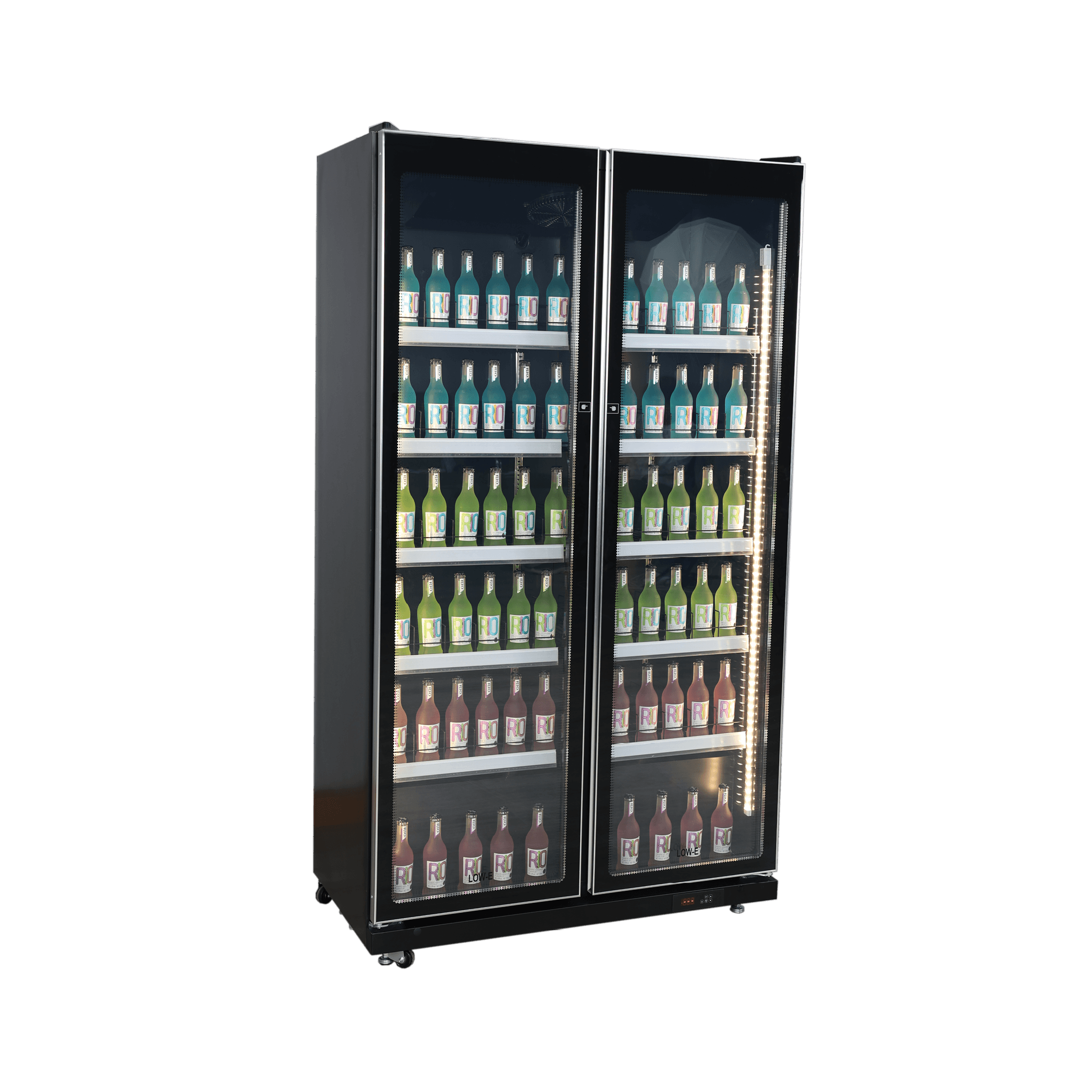 Black upright display refrigerator with two glass doors and multiple shelves stocked with assorted bottled beverages.