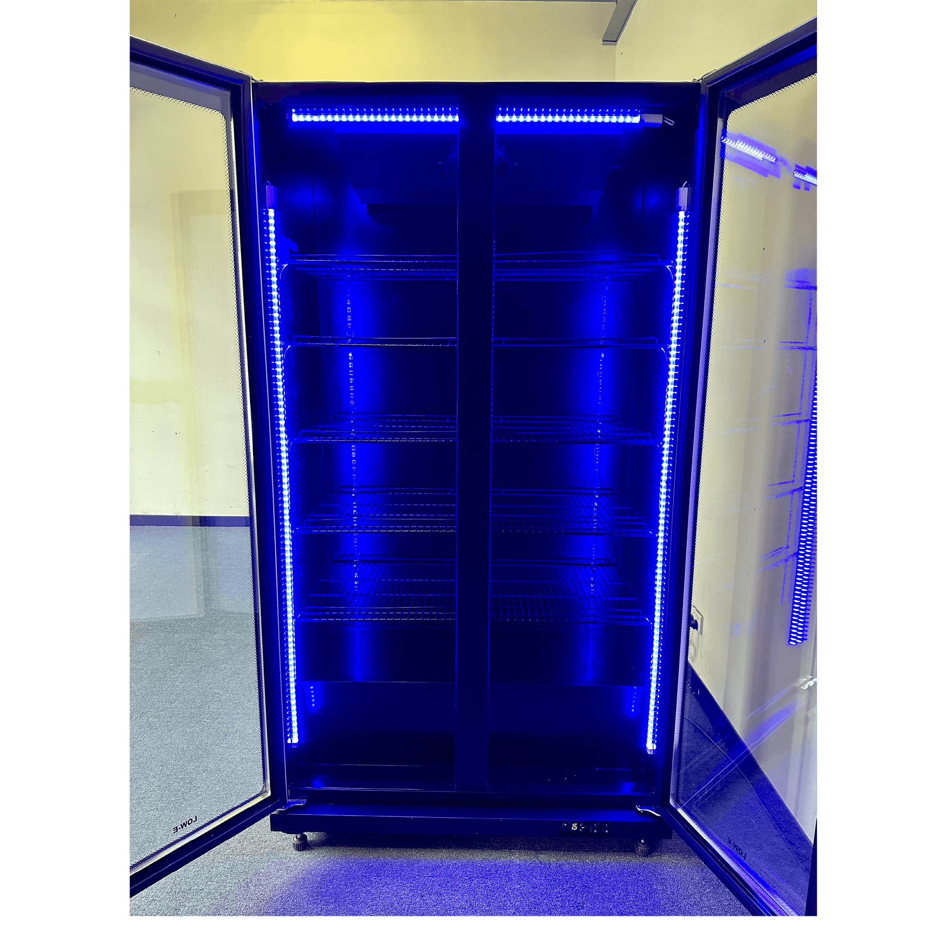 Black upright display refrigerator with two glass doors and blue interior LED lighting.