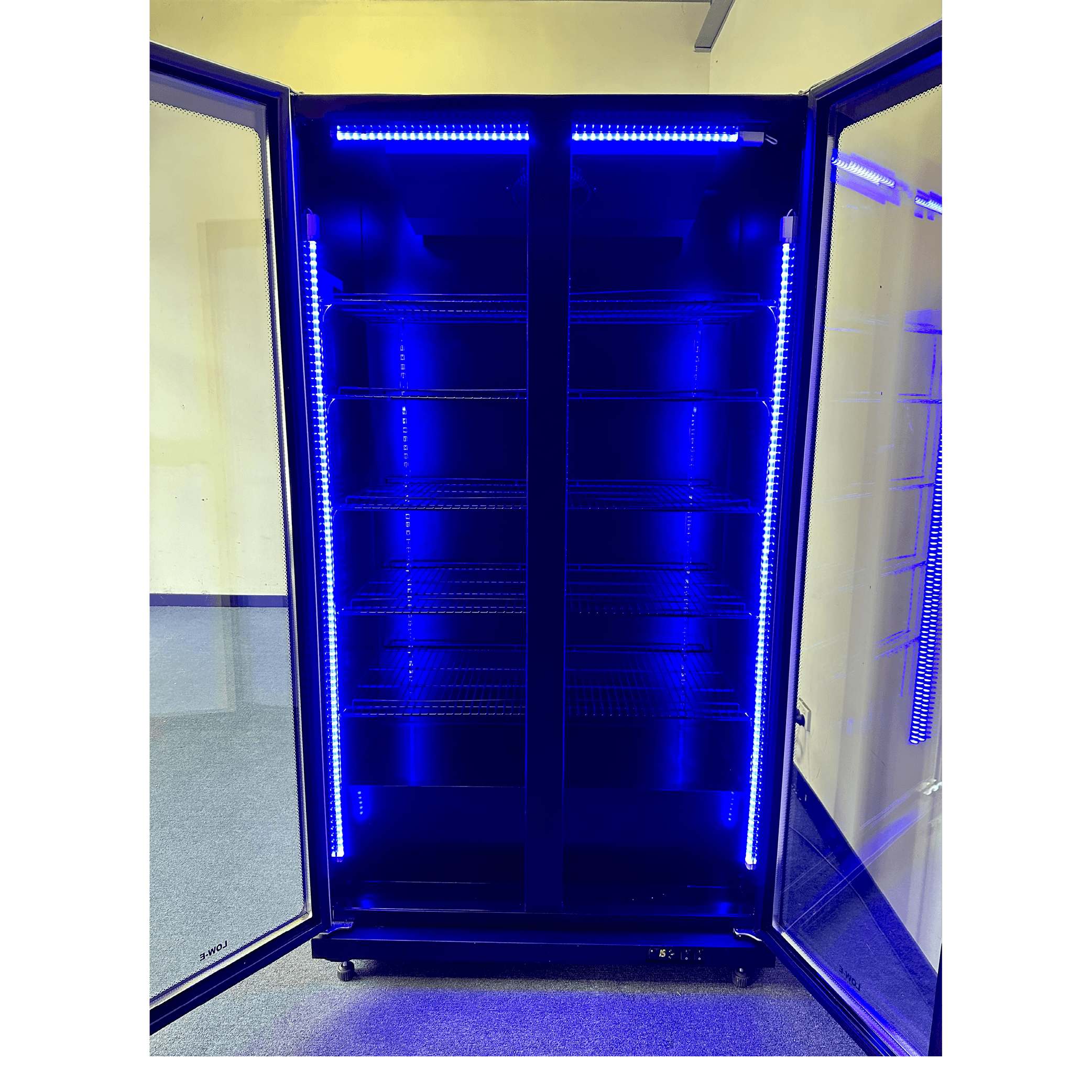 Black upright display refrigerator with two glass doors and blue interior LED lighting.