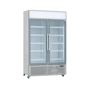 White two-door upright display refrigerator with glass panels and metal handles on caster wheels.