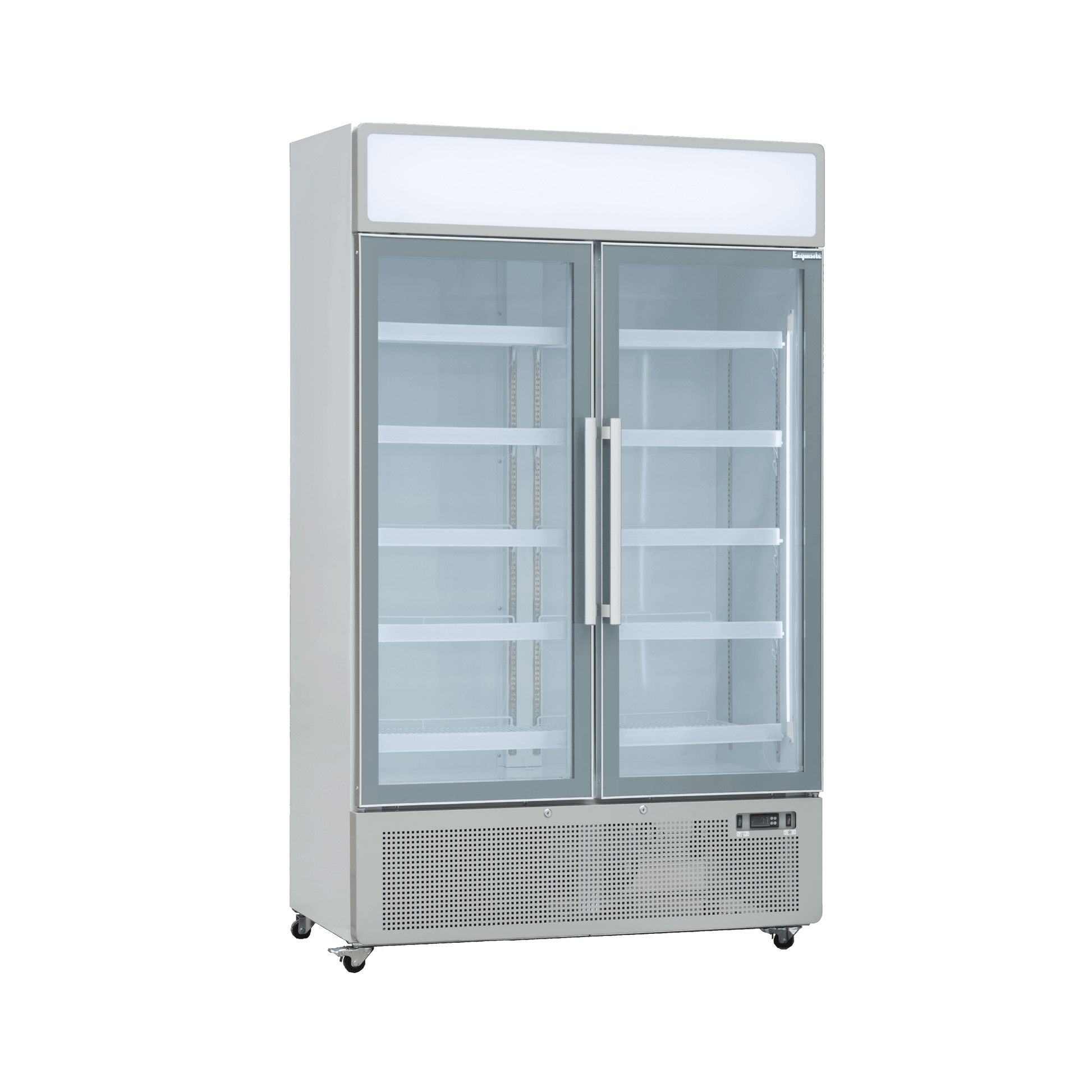 White two-door upright display refrigerator with glass panels and metal handles on caster wheels.