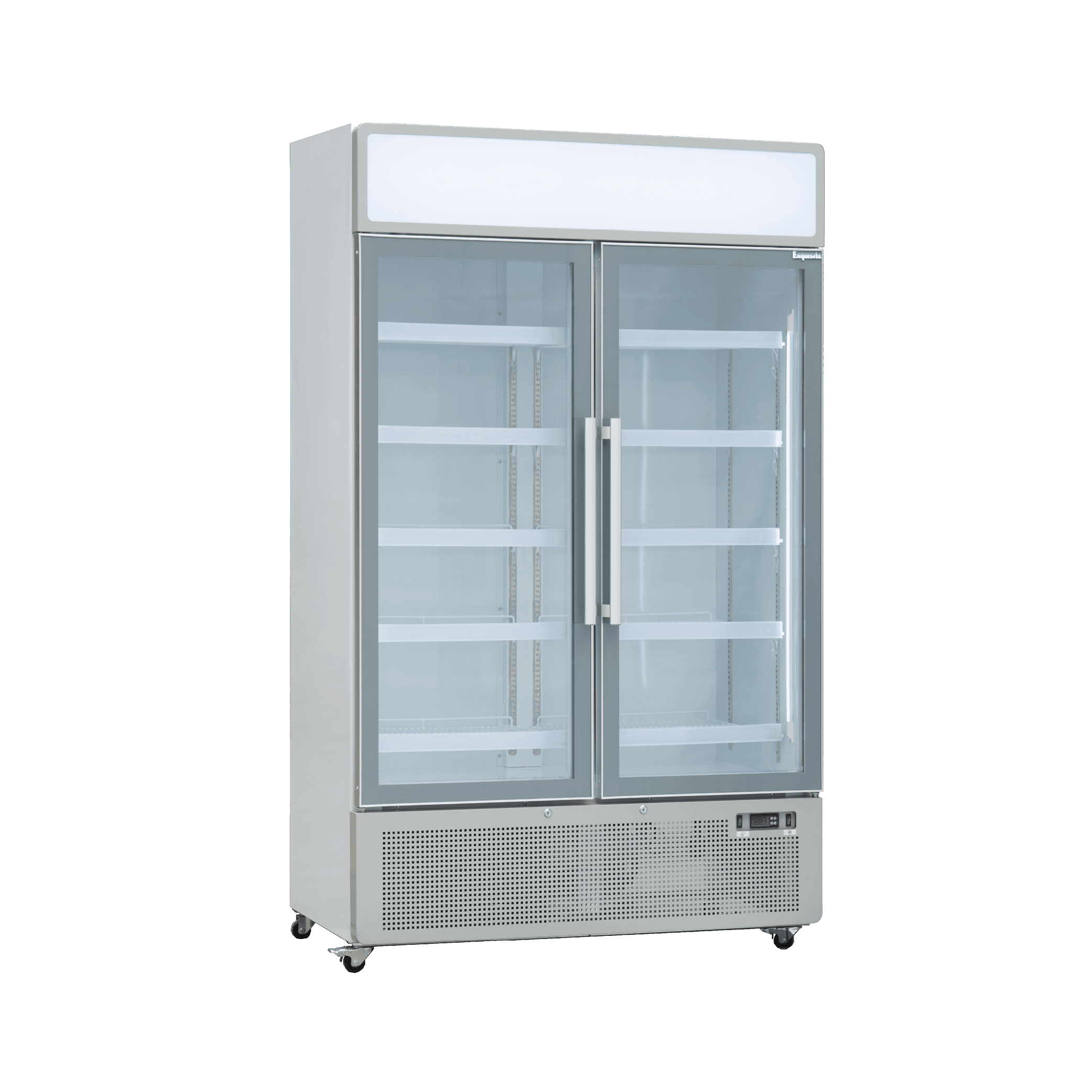 White two-door upright display refrigerator with glass panels and metal handles on caster wheels.