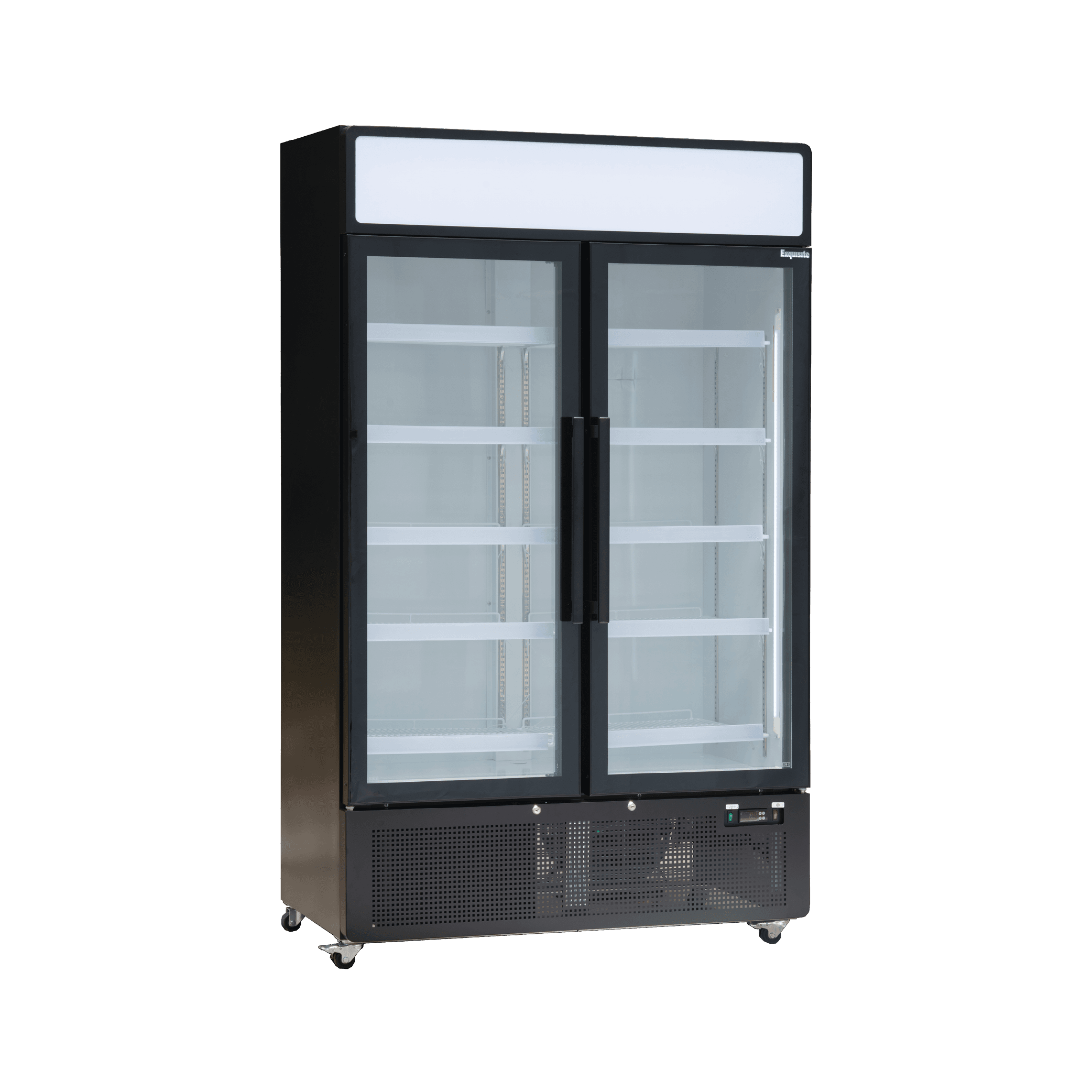 Black upright display fridge with two glass doors, black frame, adjustable white shelves, and caster wheels.