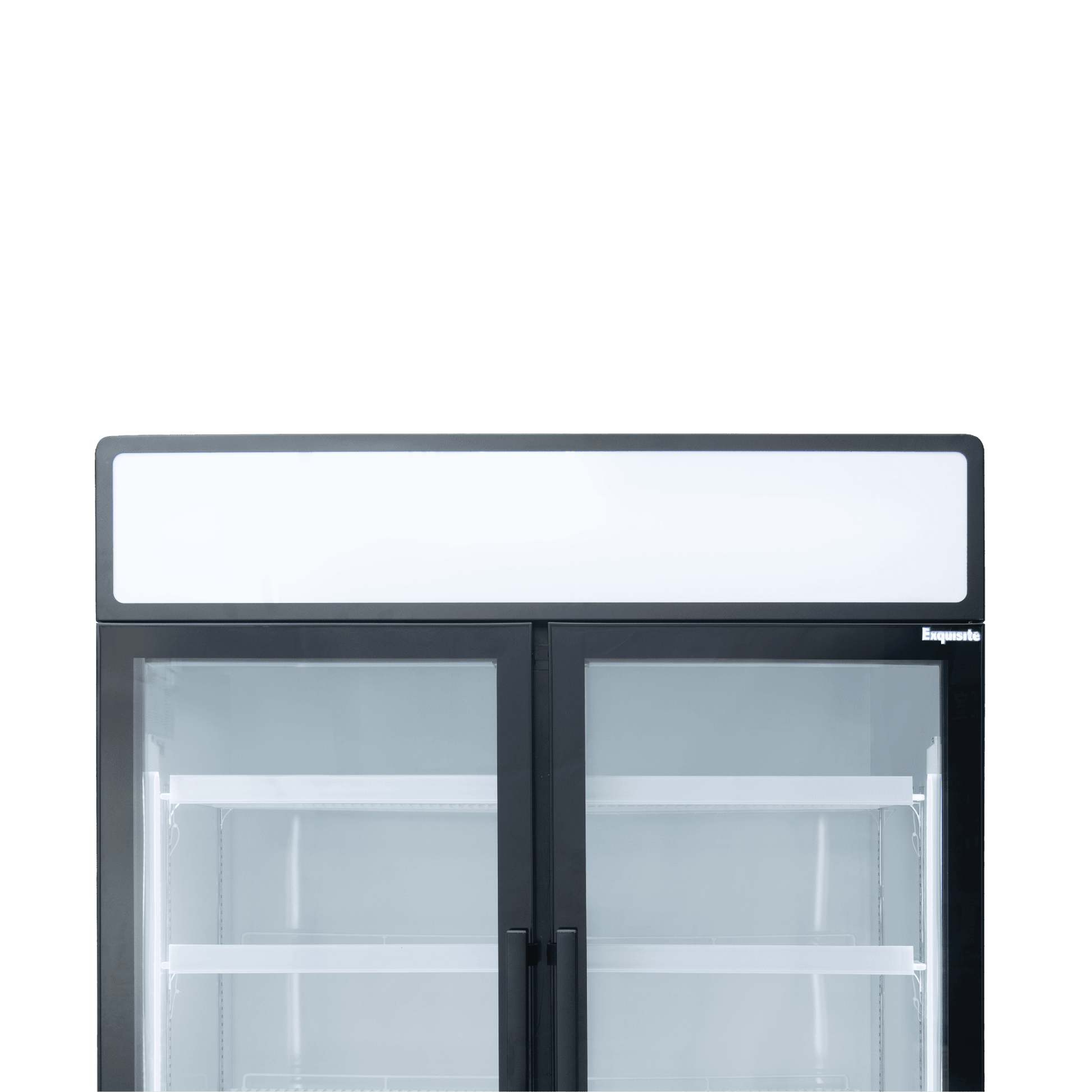 Black upright display refrigerator with two glass doors, interior shelves, and white interior lighting.