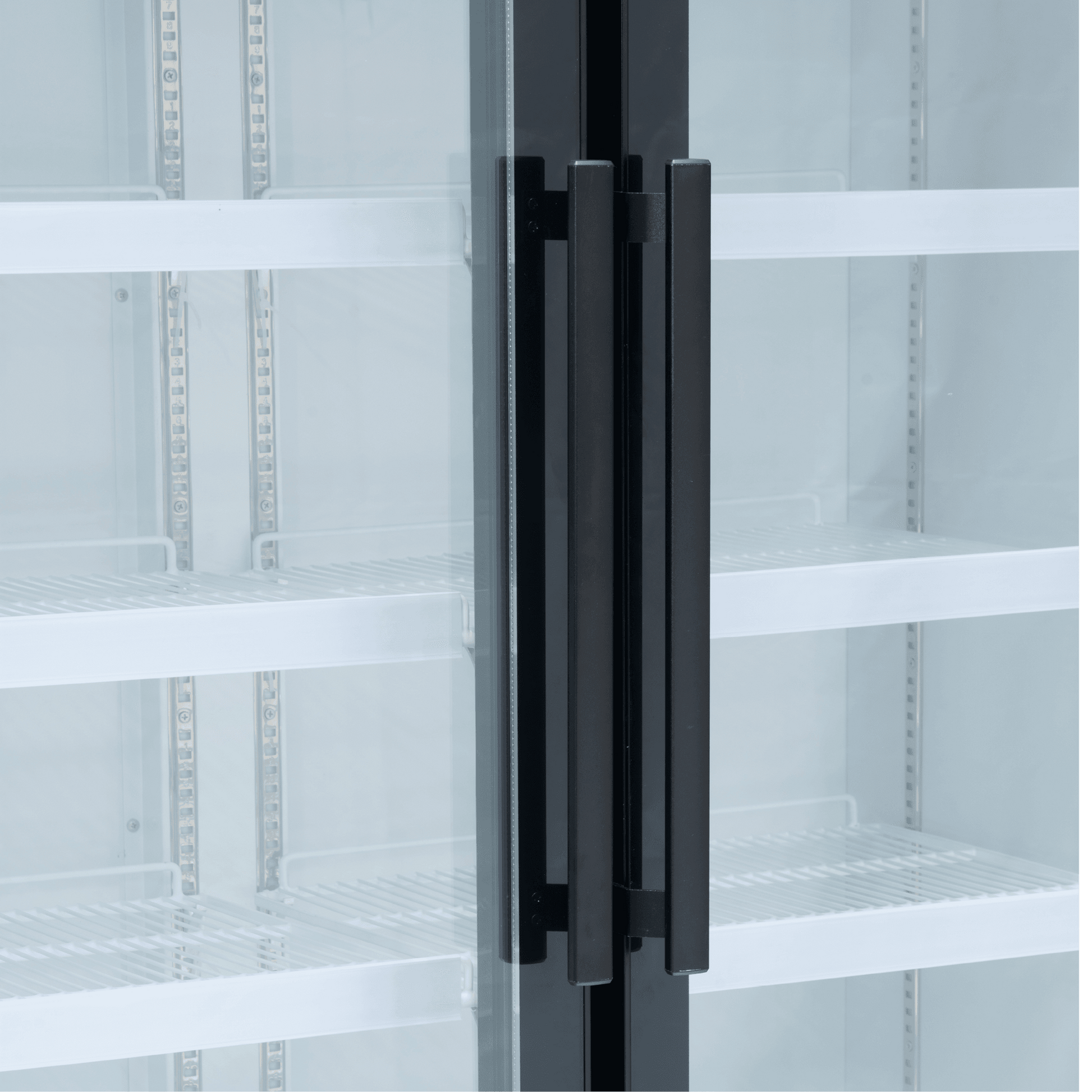 Black upright refrigerator with two glass doors and black vertical handles, showing white interior shelves.