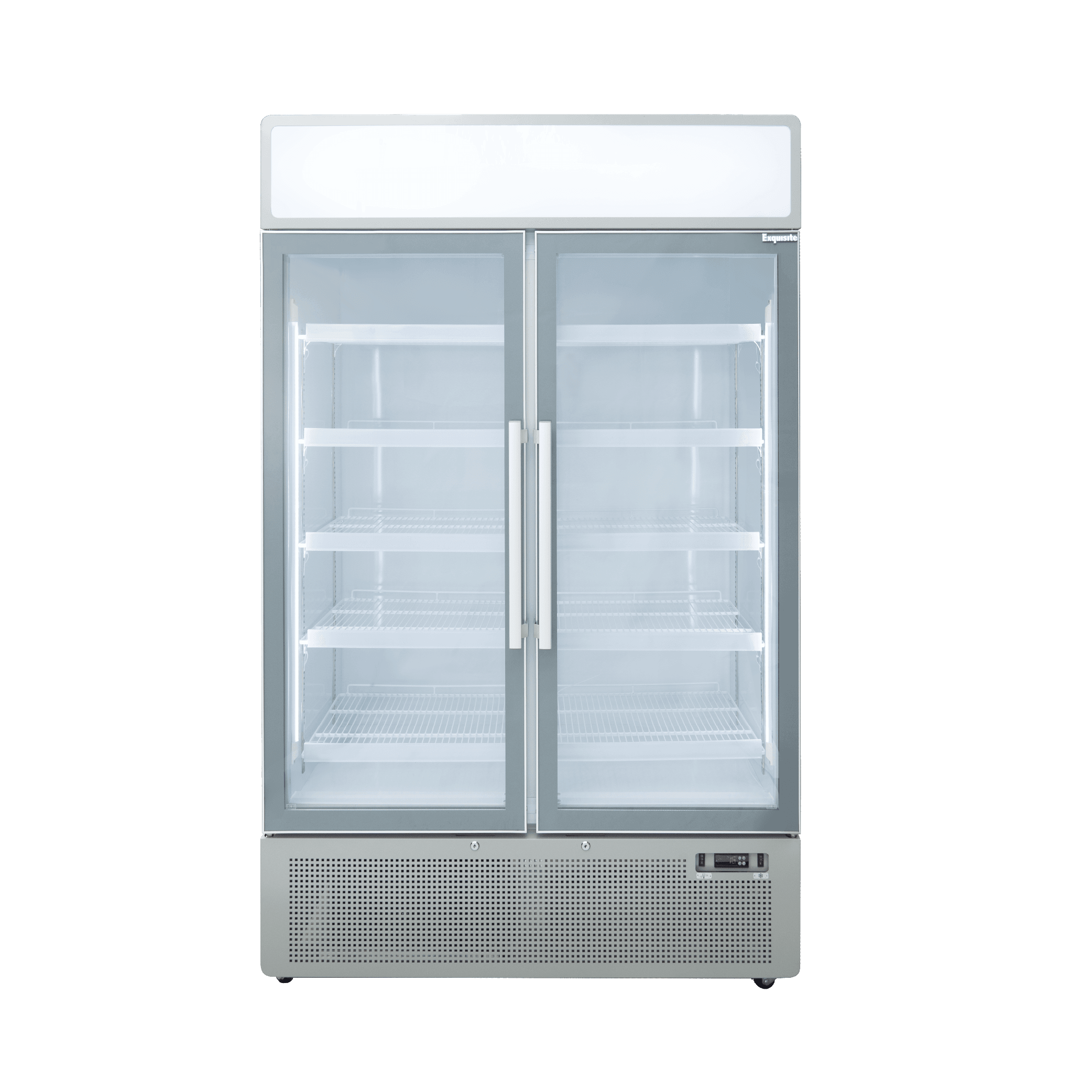 White upright display refrigerator with two glass doors and metal handles, multiple adjustable shelves visible inside.