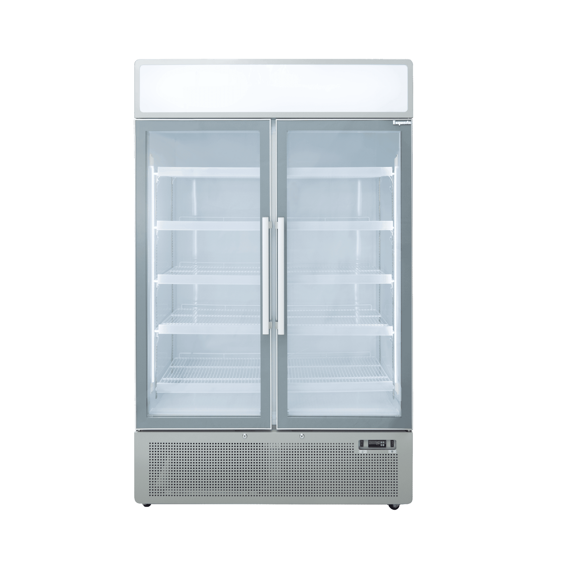 White upright display refrigerator with two glass doors, metal handles, and multiple adjustable shelves.