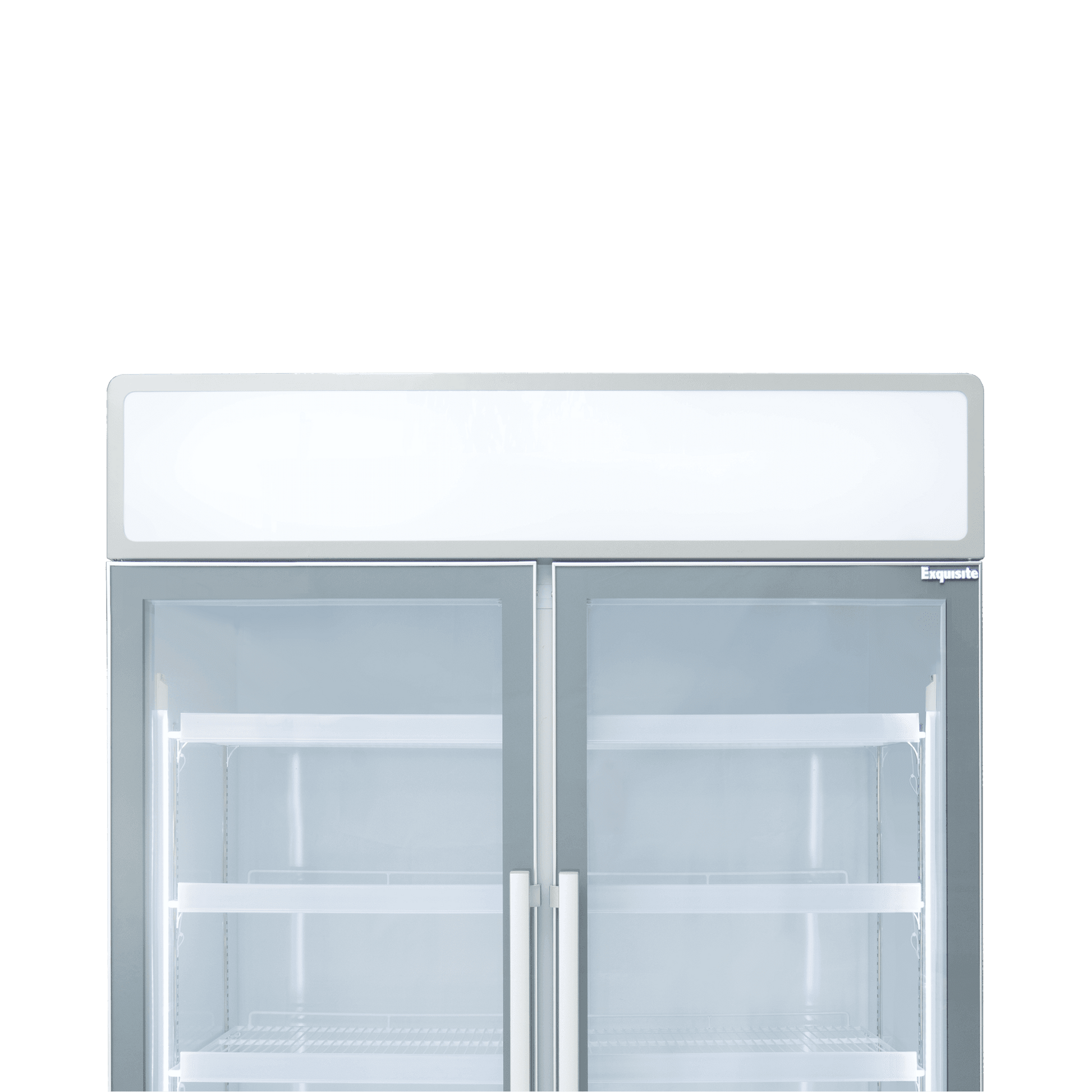 White upright refrigerator with two large glass doors, interior shelves, and metal handles.