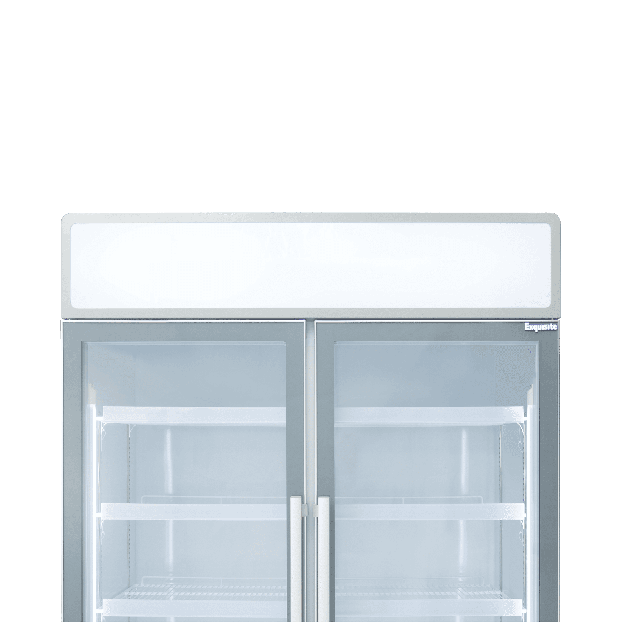 White upright display fridge with two glass doors, metal handles, and adjustable interior shelves.