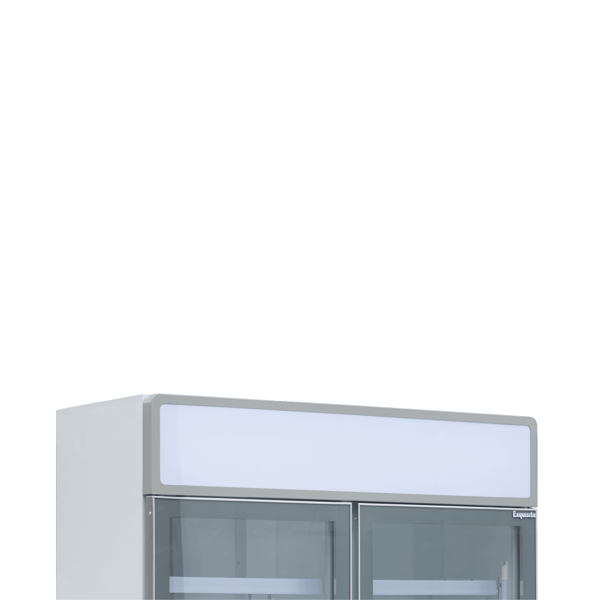 White upright display refrigerator with two glass doors and a spacious interior, designed for beverage storage.