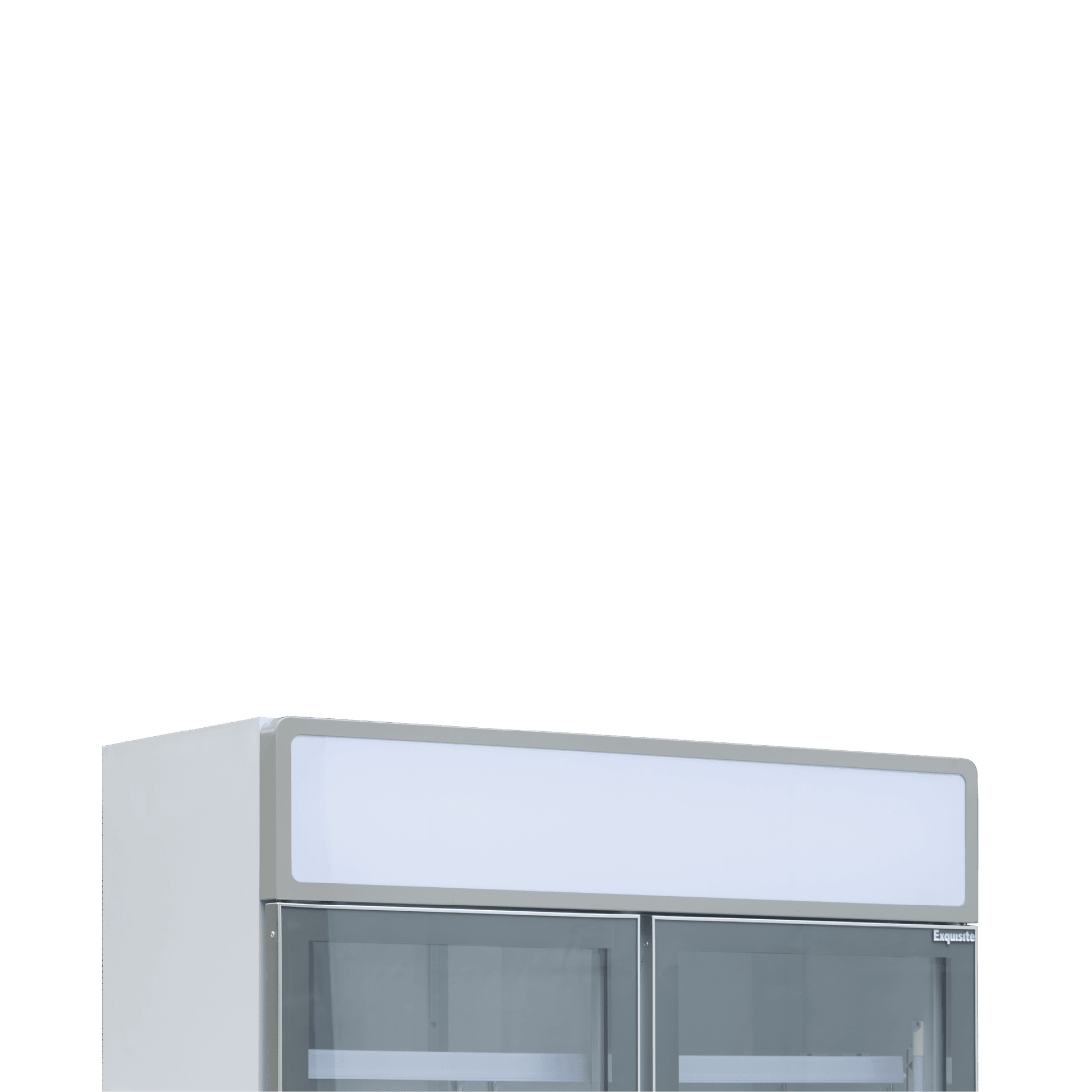 White upright display refrigerator with two glass doors, metal frame, and interior shelving.