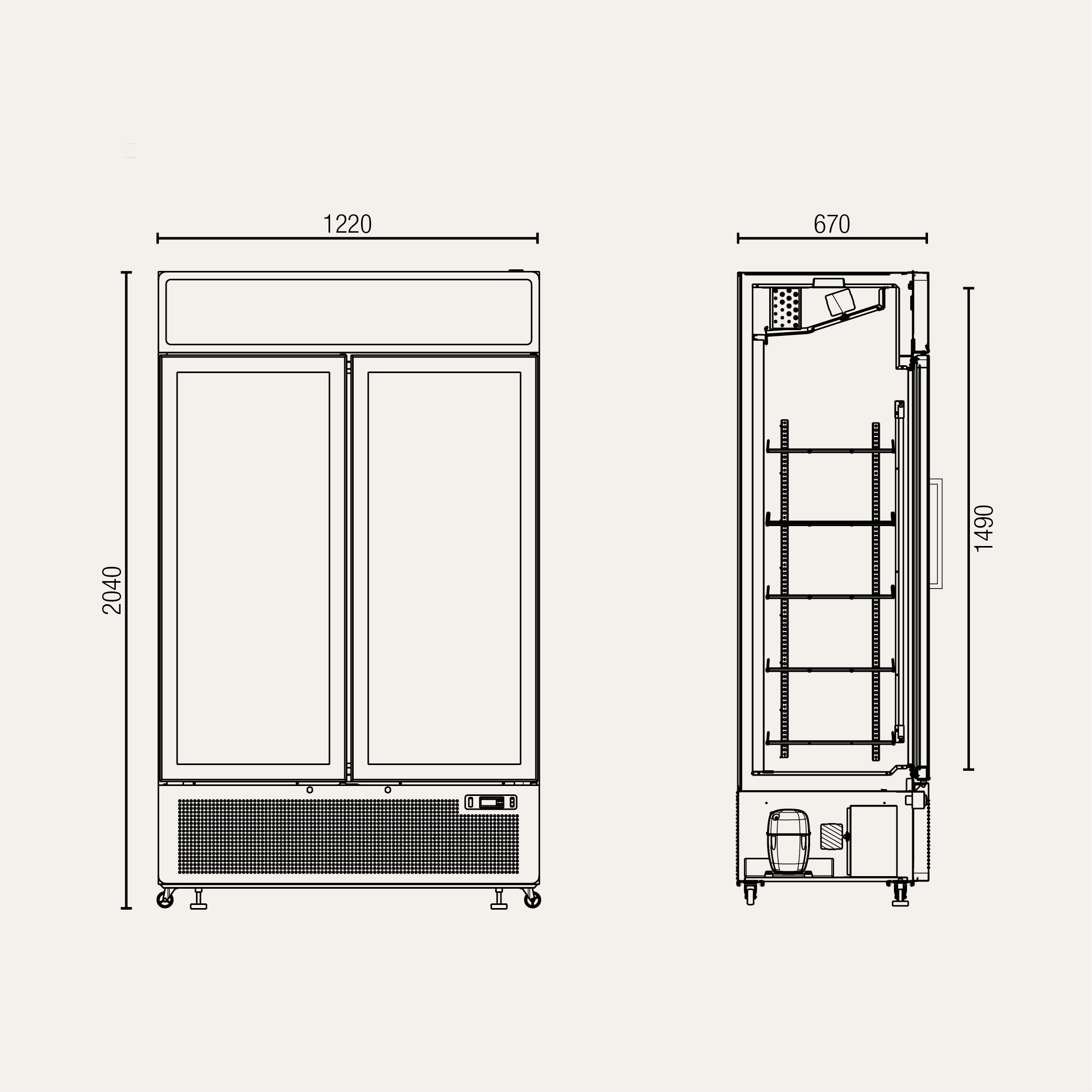 White upright display refrigerator with two glass doors, metal frame, and multiple interior shelves.