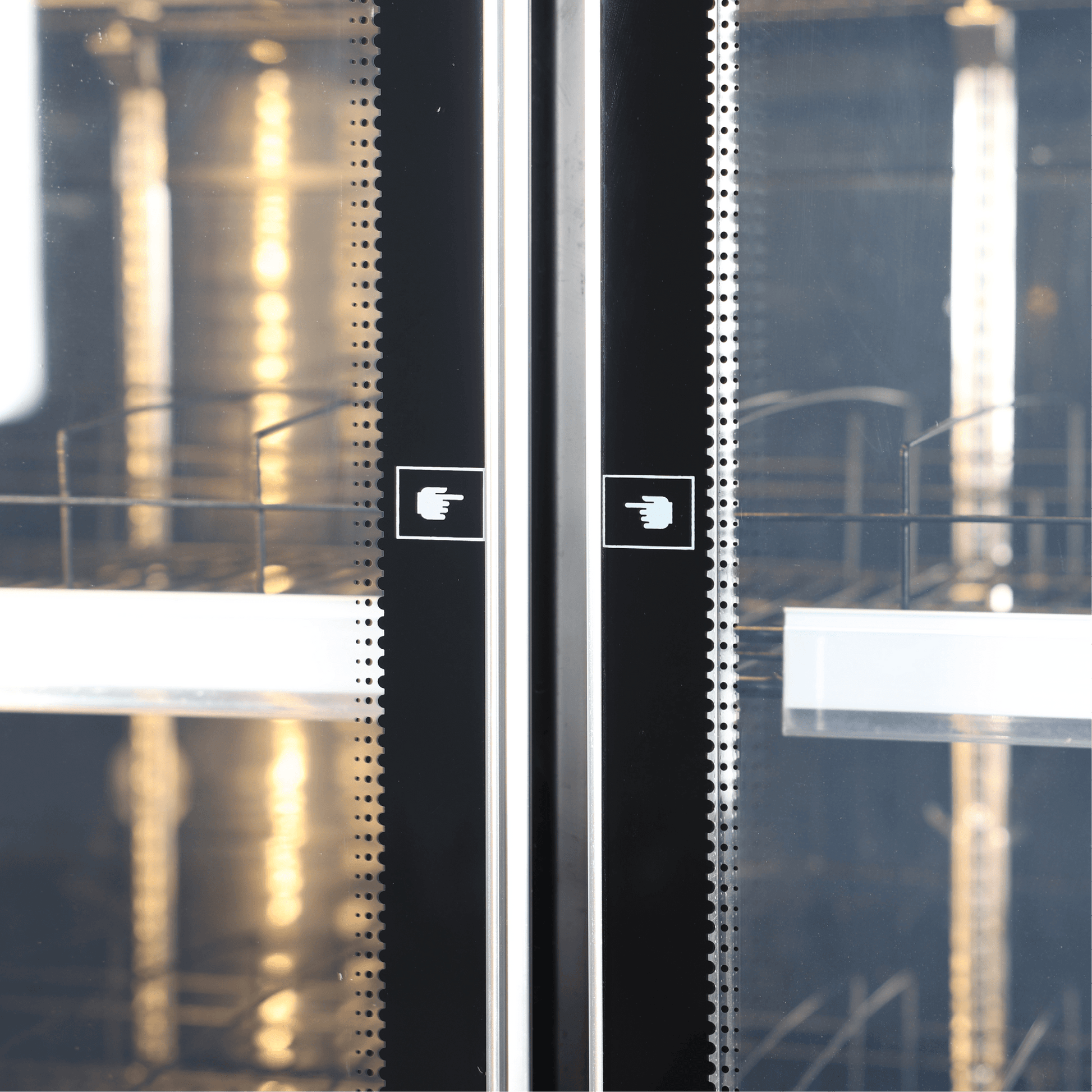 Black upright display refrigerator with two vertical glass doors and metal handles.