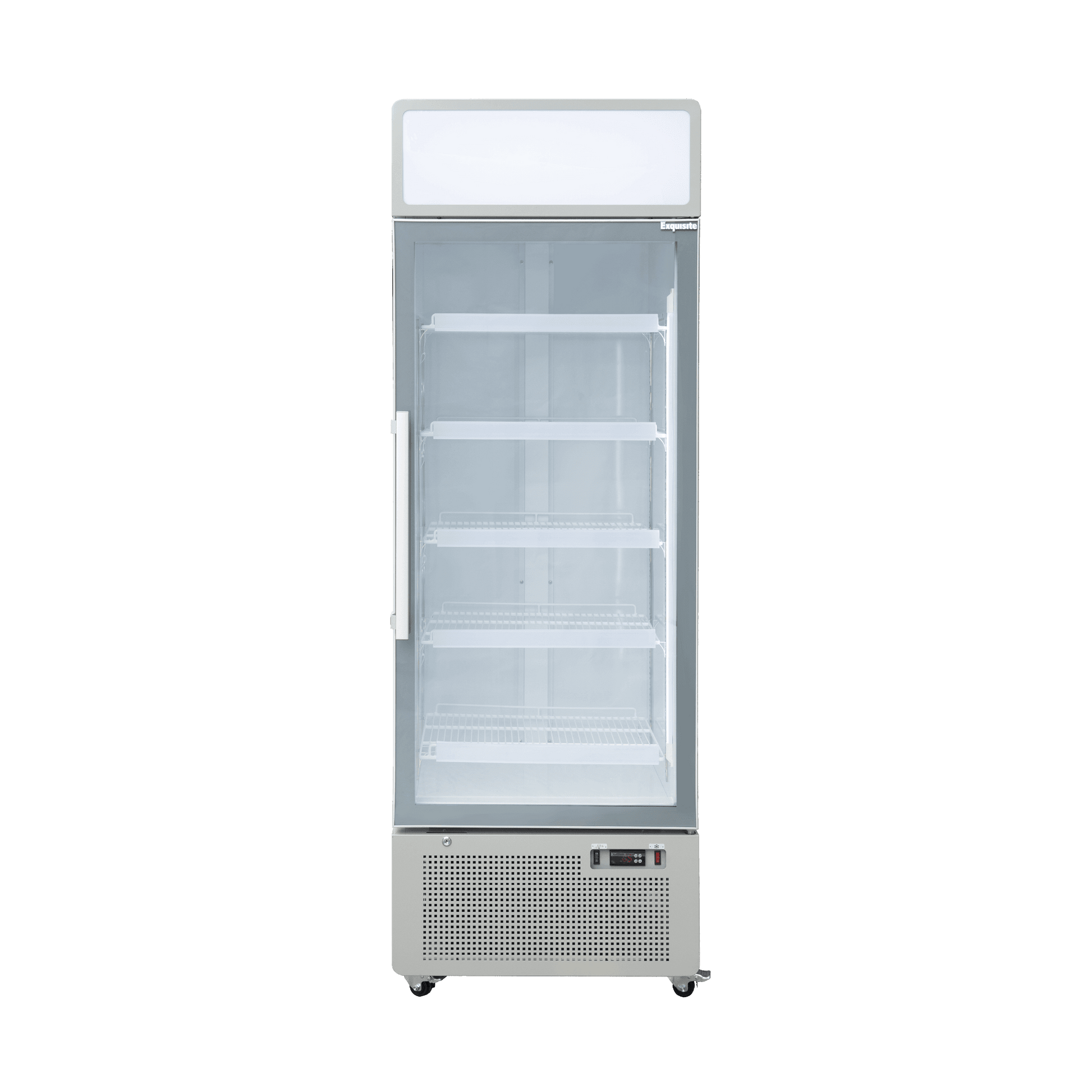 White upright display refrigerator with single glass door, four interior shelves, and digital control panel at the bottom.