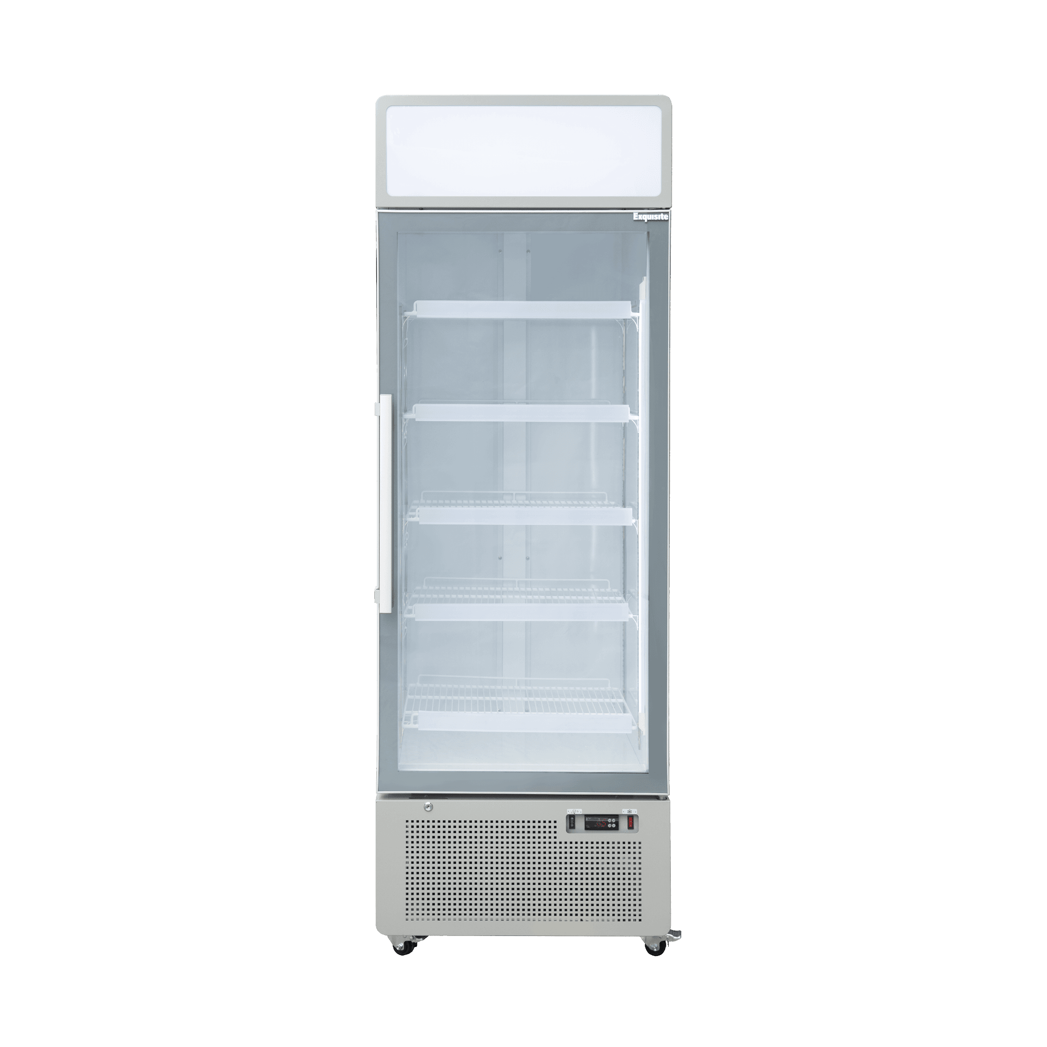 White upright display refrigerator with single glass door, four interior shelves, and digital control panel at the bottom.