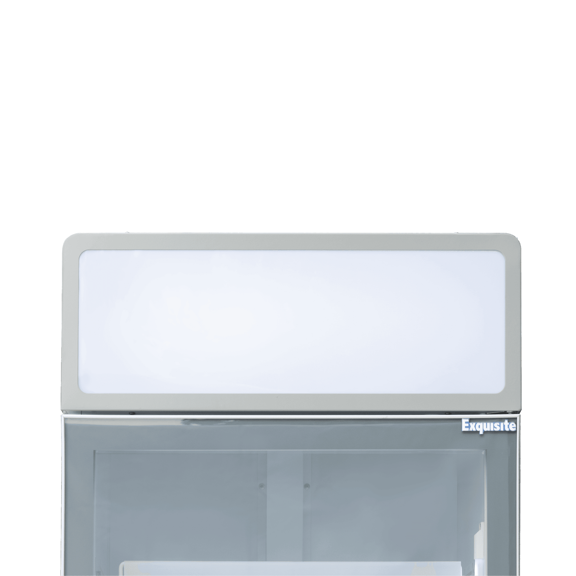White upright display refrigerator with single glass door and illuminated top panel, sleek painted steel frame.