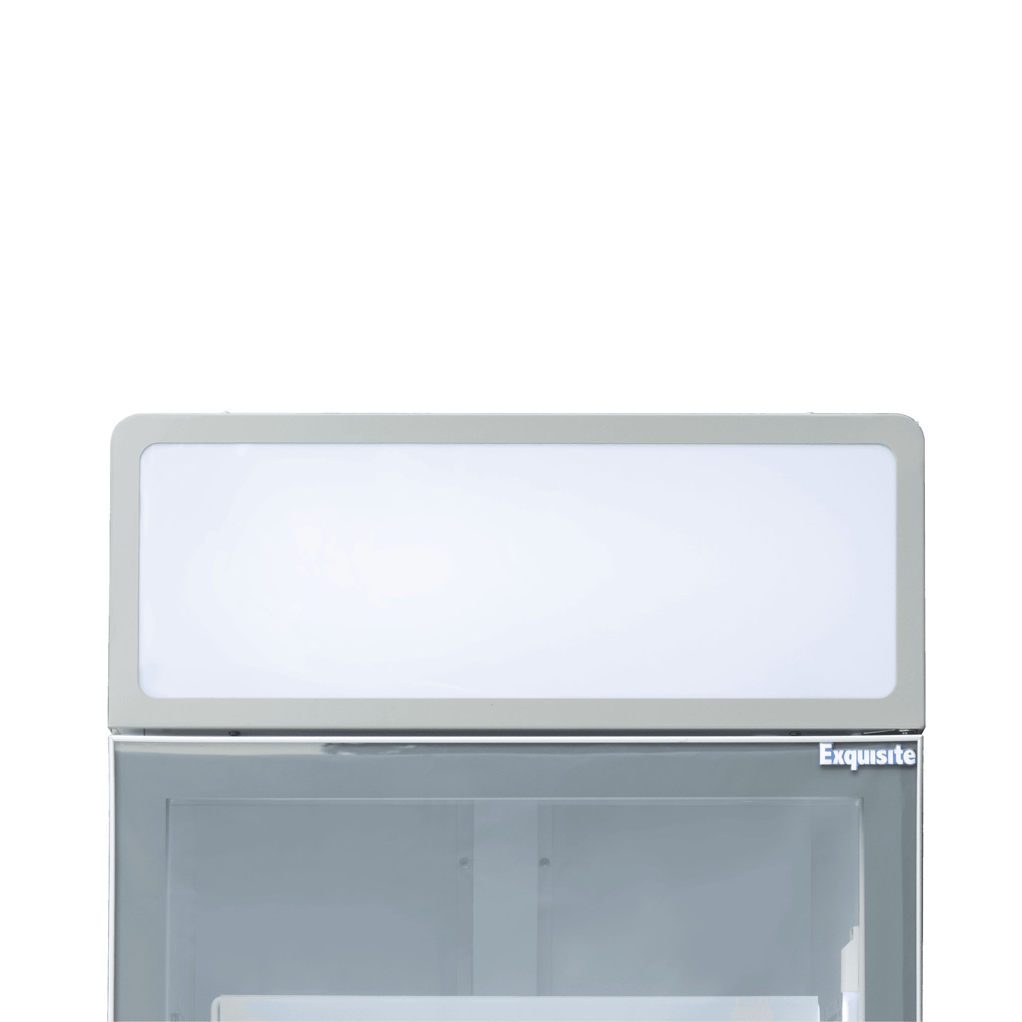 White upright display refrigerator with single glass door and illuminated top panel, sleek painted steel frame.