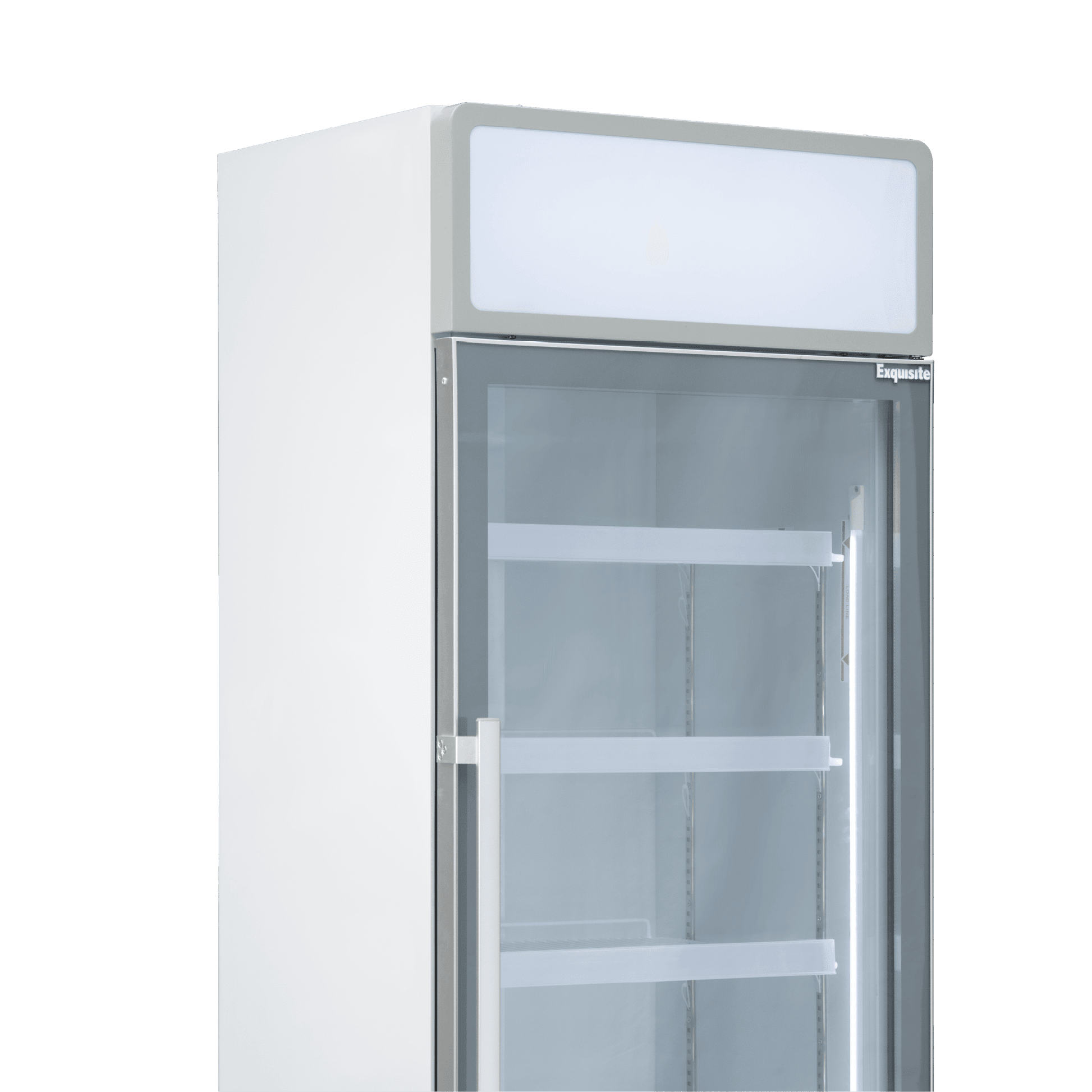 White upright display refrigerator with one clear glass door, three interior shelves, and a blank illuminated panel on top.