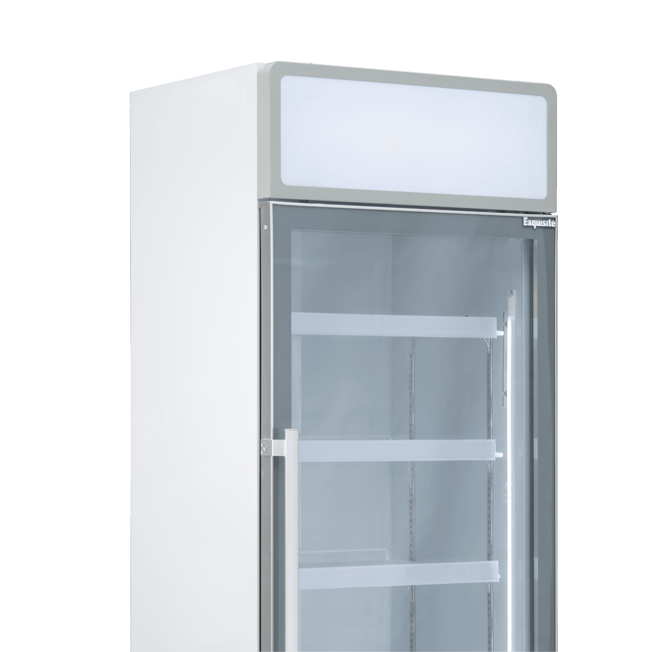 White upright display refrigerator with one clear glass door, three interior shelves, and a blank illuminated panel on top.