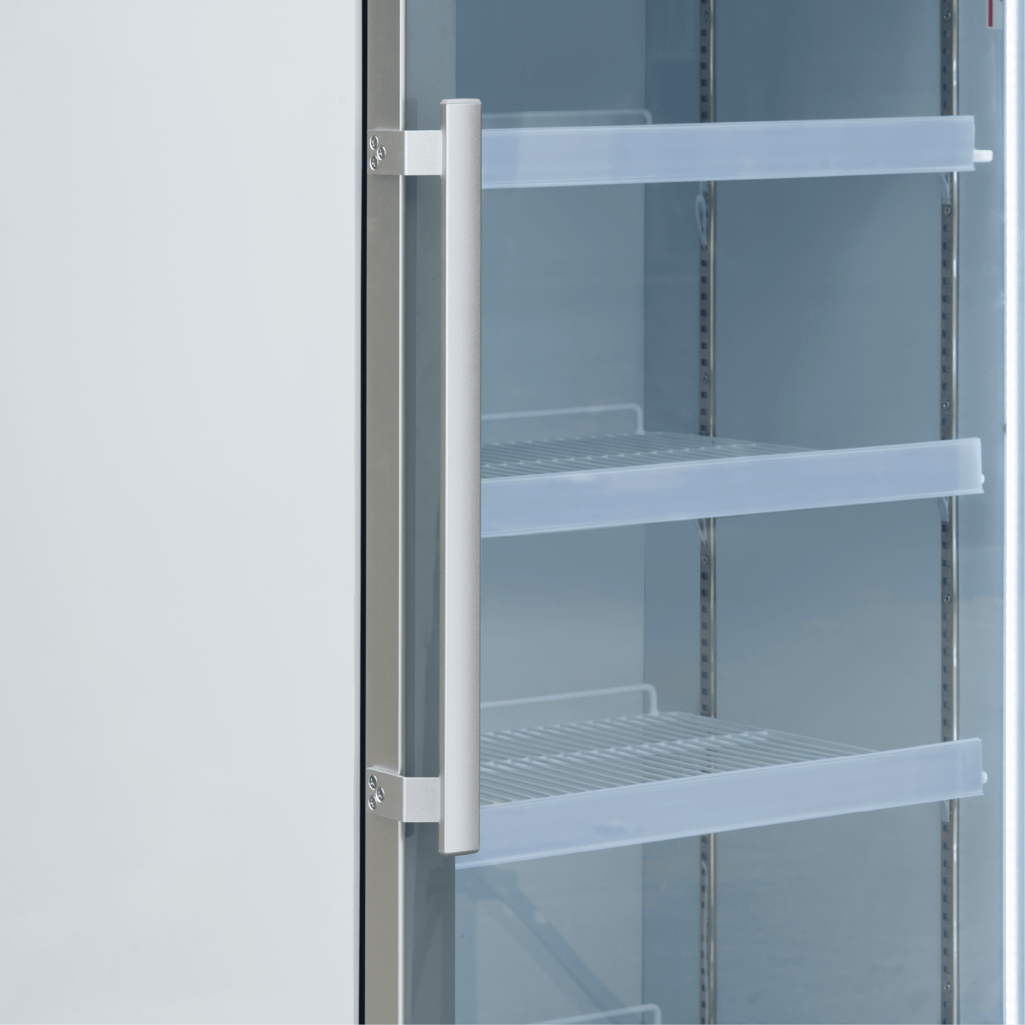 White upright display refrigerator with one glass door, three adjustable glass shelves, and a vertical stainless steel.