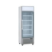 White upright display refrigerator with single glass door, five adjustable shelves, and digital control panel.