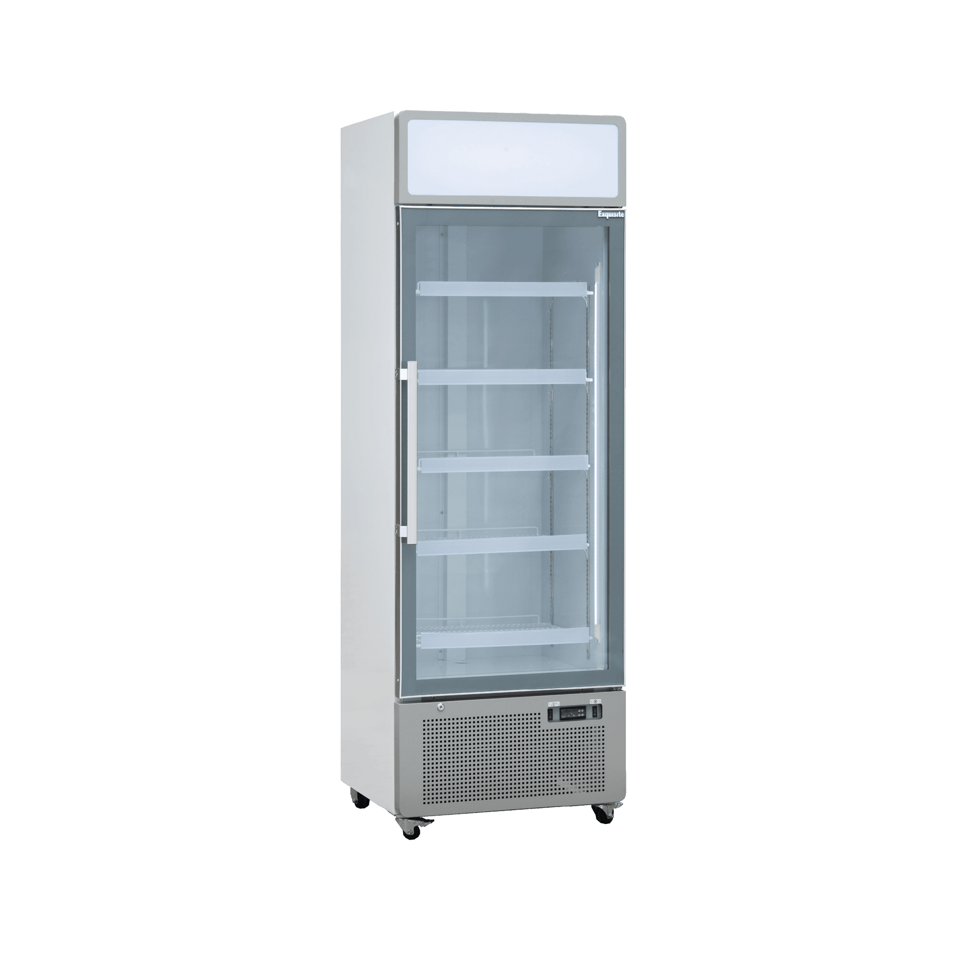 White upright display refrigerator with single glass door, five adjustable shelves, and digital control panel.