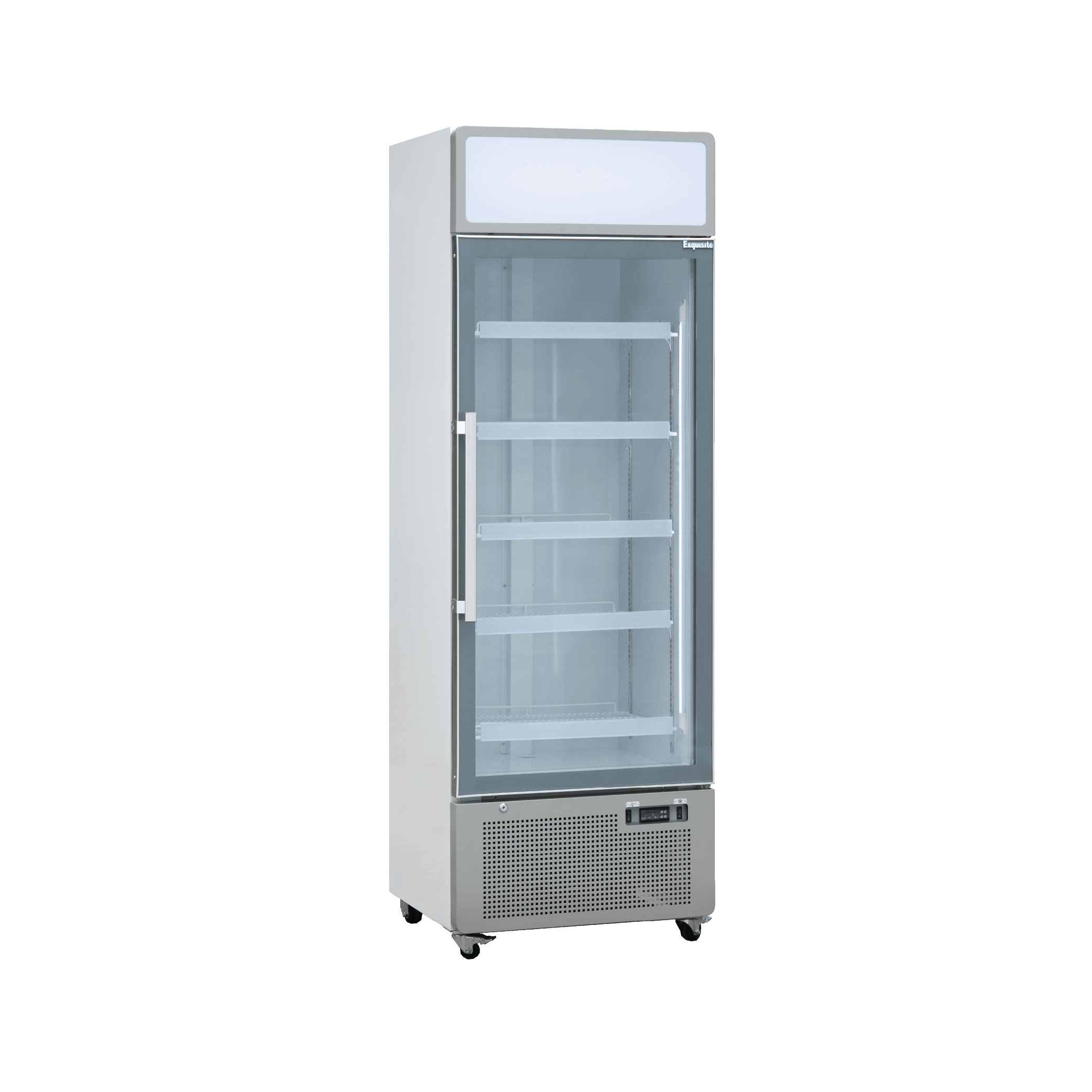 White upright display refrigerator with single glass door, five adjustable shelves, and digital control panel.