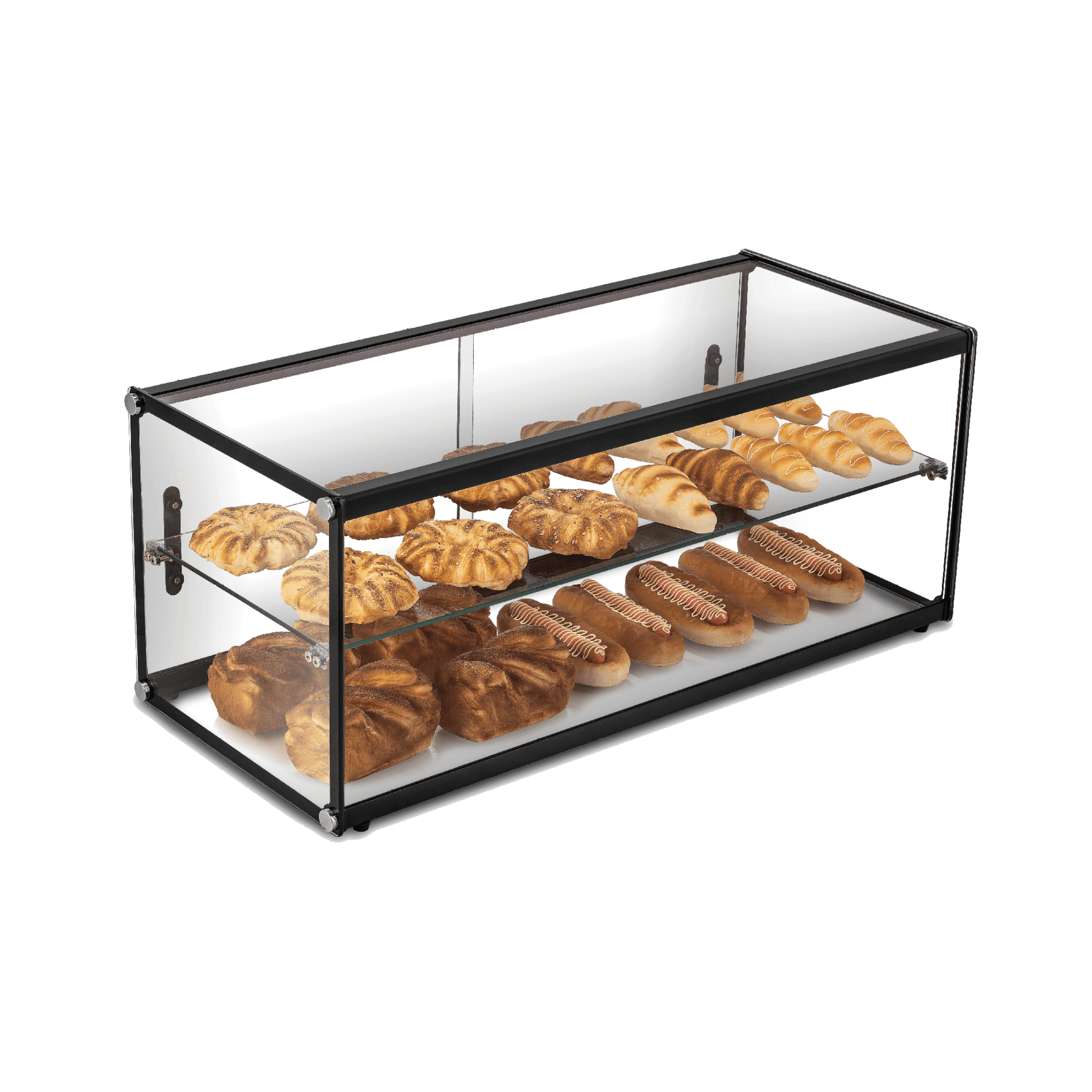 Two-tier glass ambient cake display with black metal frame showing assorted pastries and breads.