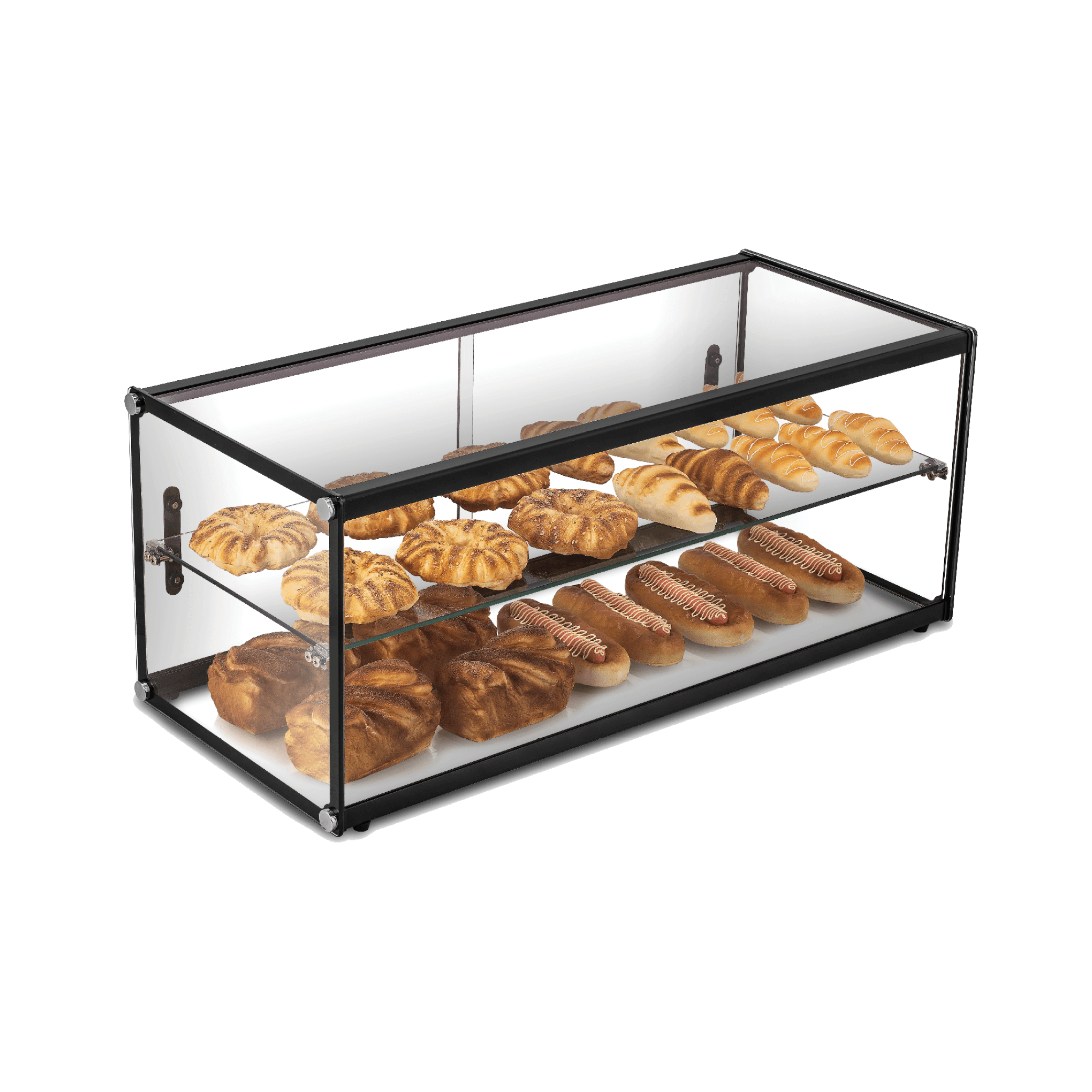 Two-tier glass ambient cake display with black metal frame showing assorted pastries and breads.