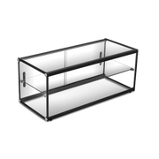 Two-tier rectangular ambient cake display case with clear glass panels and black metal frame.