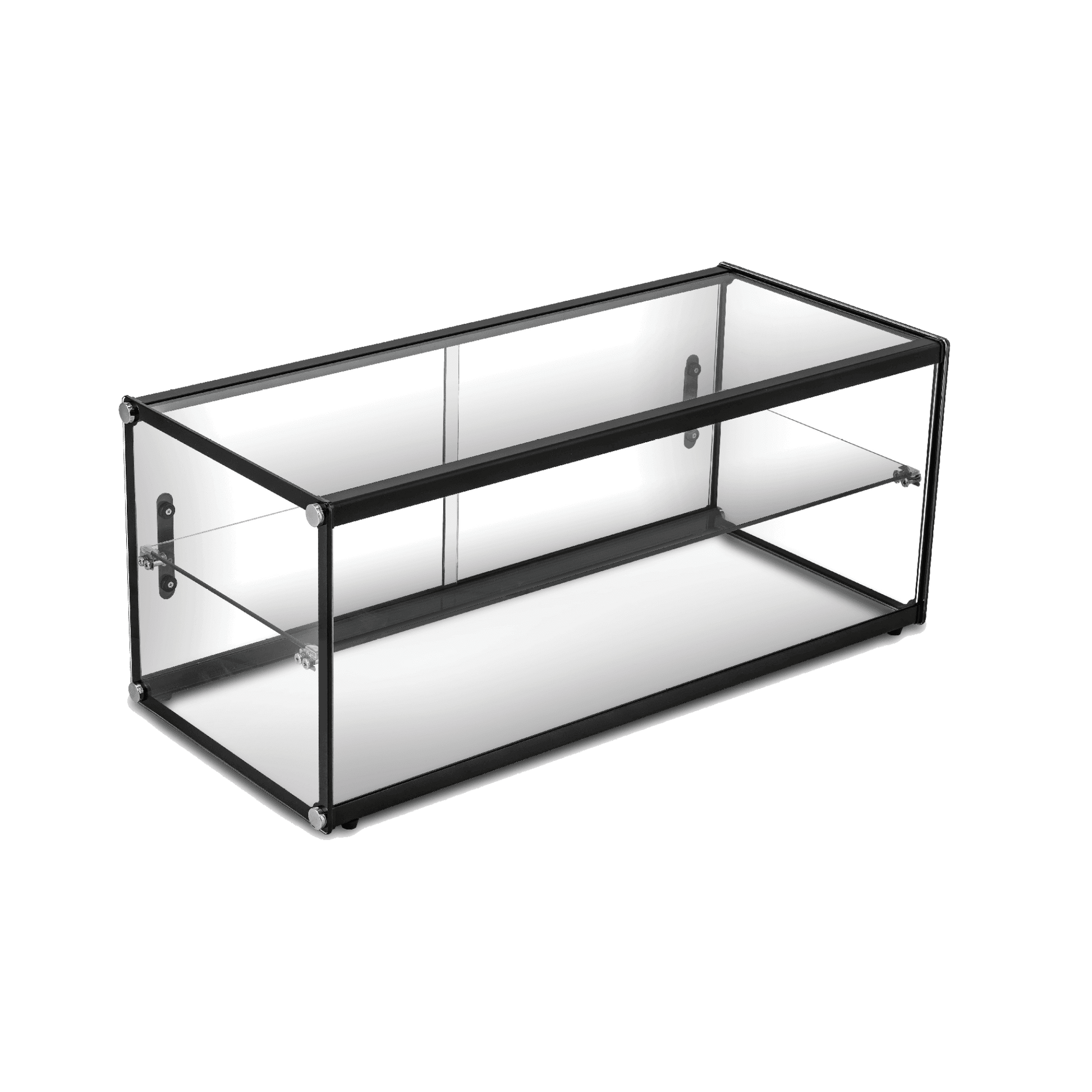 Two-tier rectangular ambient cake display case with clear glass panels and black metal frame.