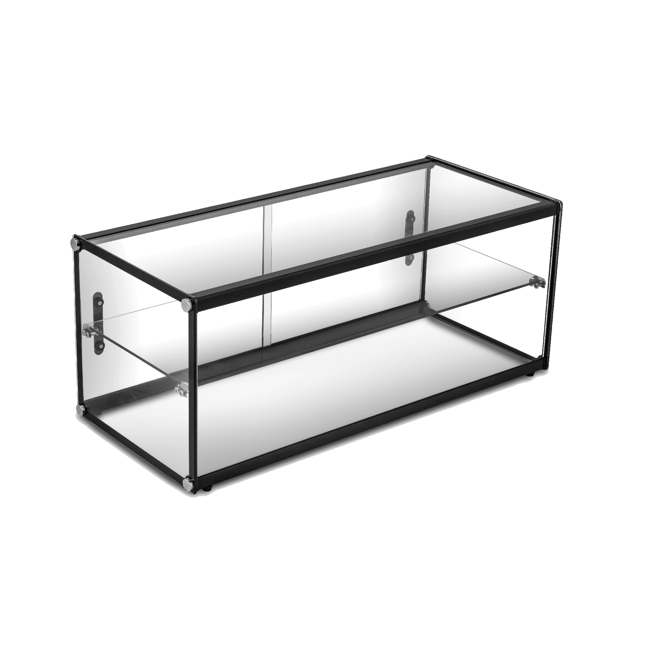 Two-tier rectangular ambient cake display case with clear glass panels and black metal frame.