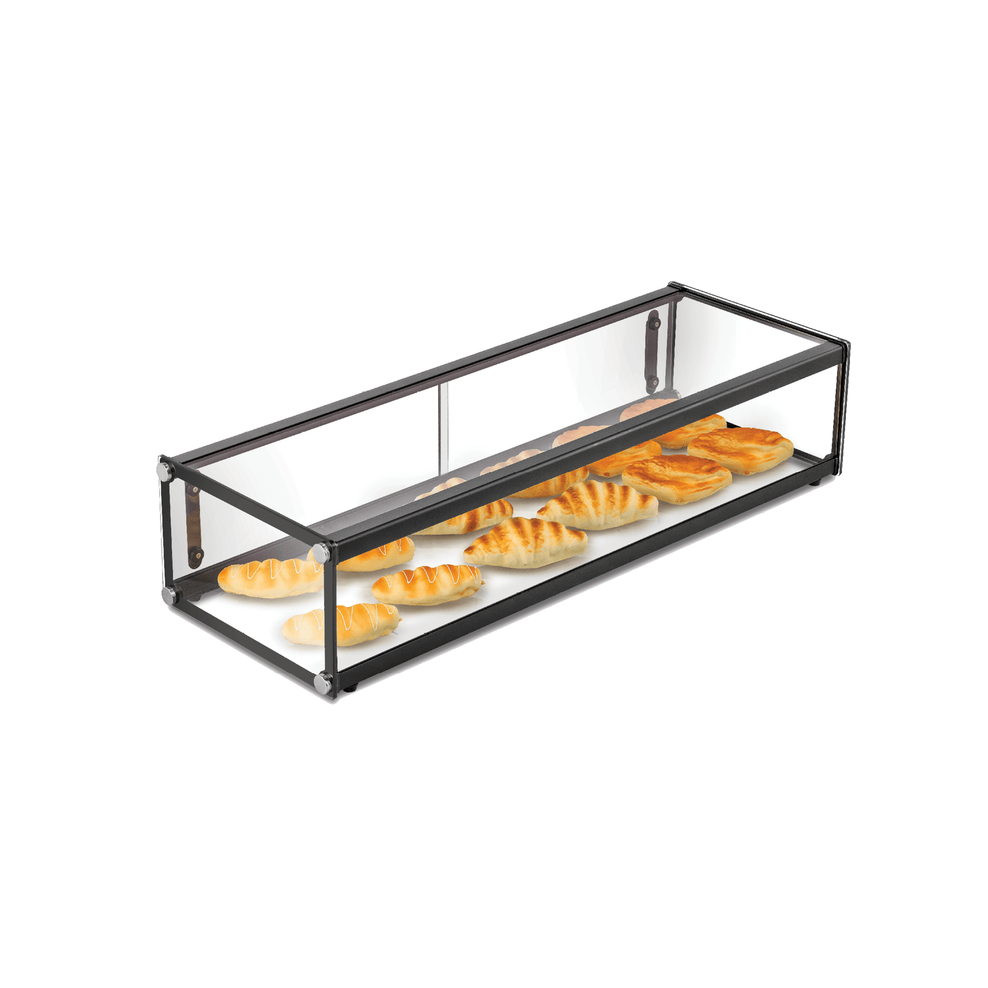 Rectangular one-tier glass cake display with metal frame, showcasing pastries inside.
