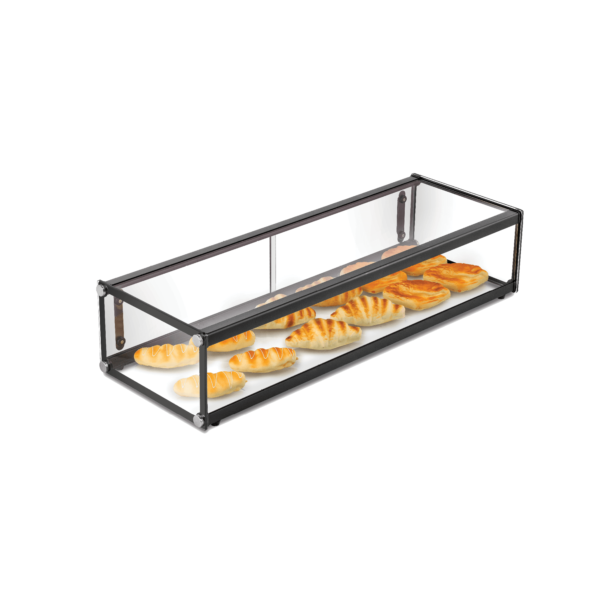 Rectangular one-tier glass cake display with metal frame, showcasing pastries inside.