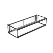 Rectangular one-tier glass cake display with black metal frame and clear panels.