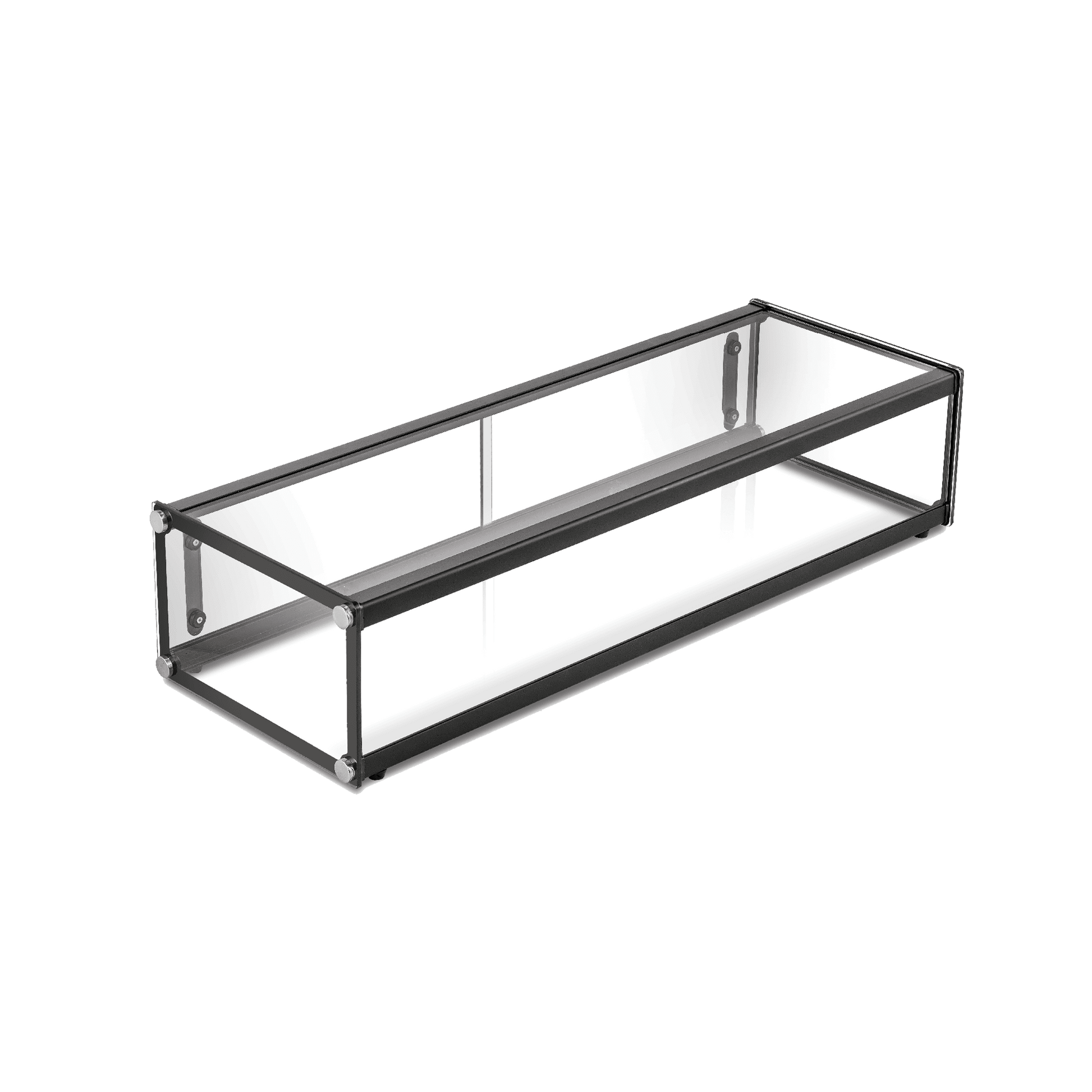 Rectangular one-tier glass cake display with black metal frame and clear panels.