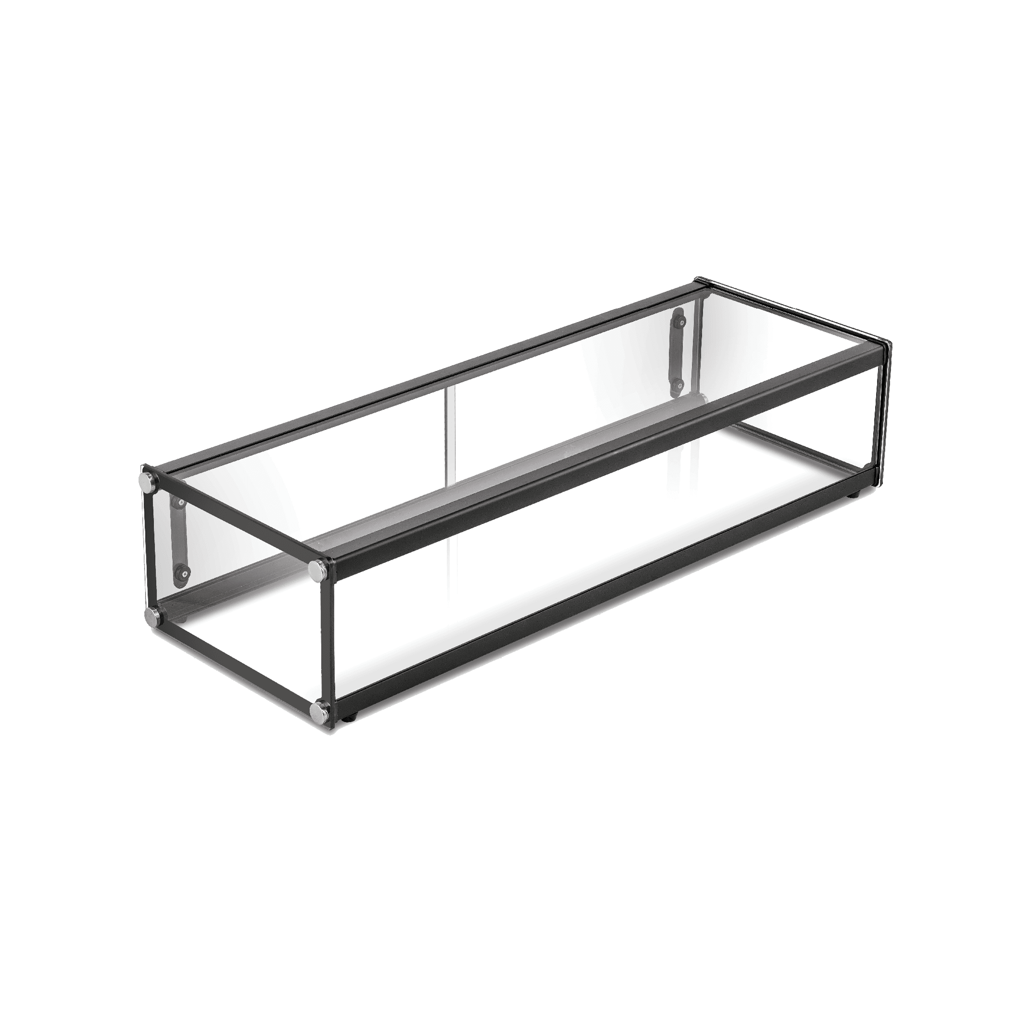 Rectangular one-tier glass cake display with black metal frame and clear panels.