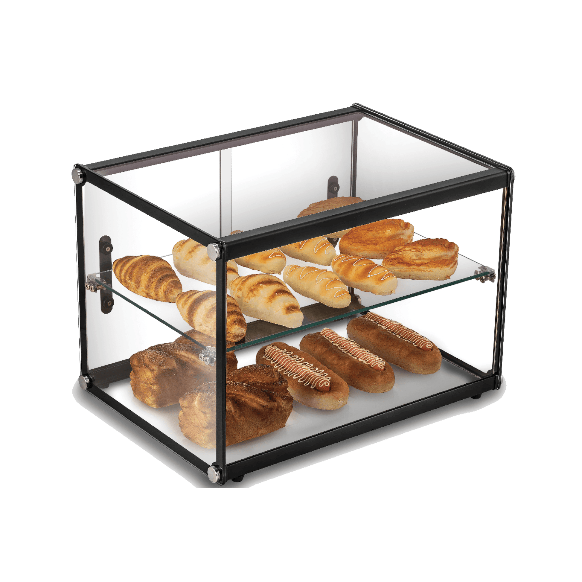 Two-tier glass cake display with black metal frame showcasing pastries on two shelves.