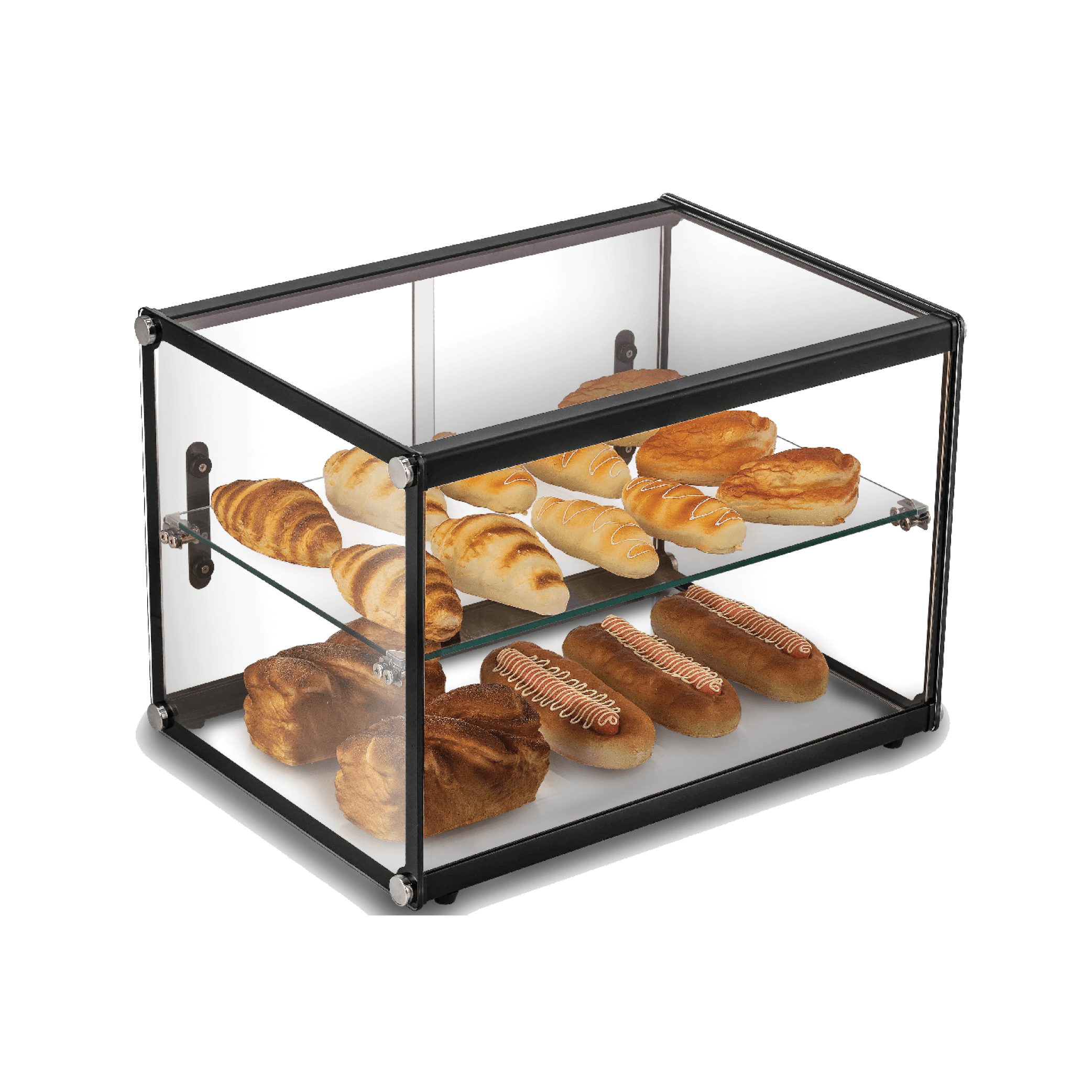 Two-tier glass cake display with black metal frame showcasing pastries on two shelves.