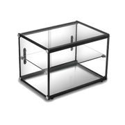Two-tier rectangular glass cake display with black metal frame and clear glass panels.